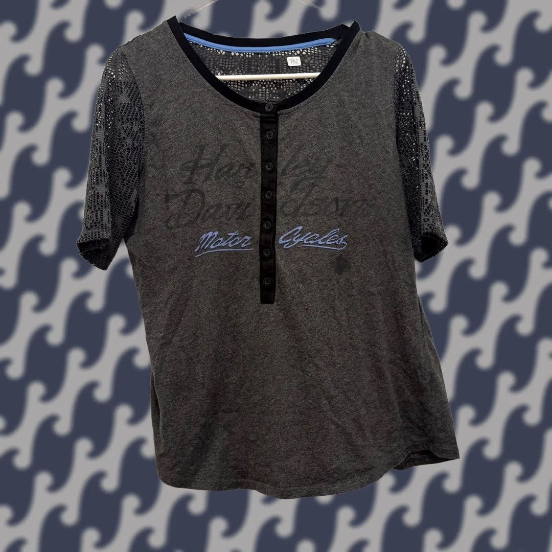 Harley Davidson Harley-Davidson Motorclothes Gray Henley Crochet Lace Sleeve Graphic Shirt M Size US M / EU 48-50 / 2 - 1 Thumbnail
