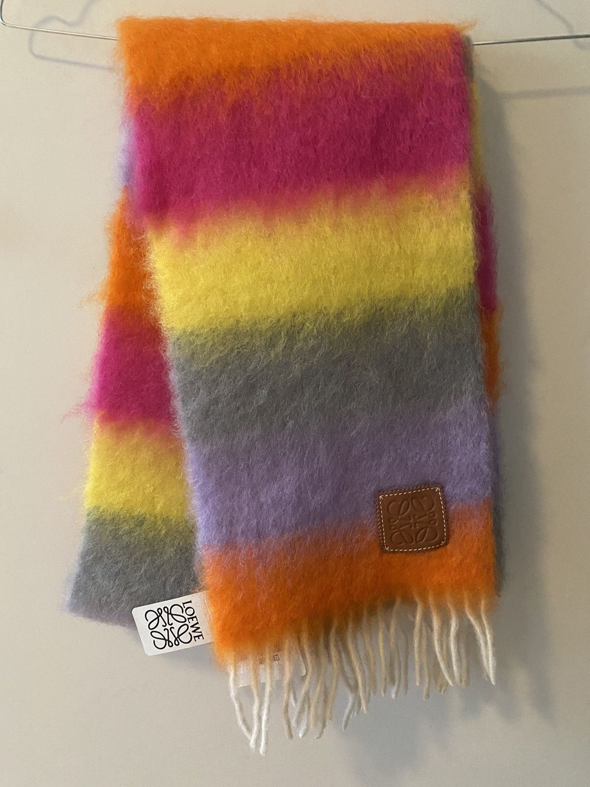 image of Loewe Logo-Appliquéd Fringed Striped Mohair-Blend Scarf, Women's