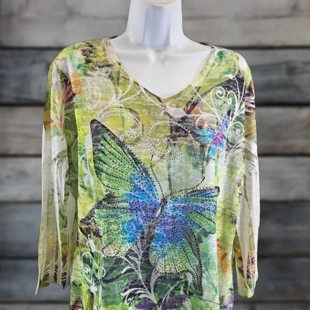 Vintage Jess & Jane Womens Burnout Top Sz Large Green Blue Butterfly Embellished T-Shirt 3/4 Sleeve Womens Size L / US 10 / IT 46 - 1 Thumbnail