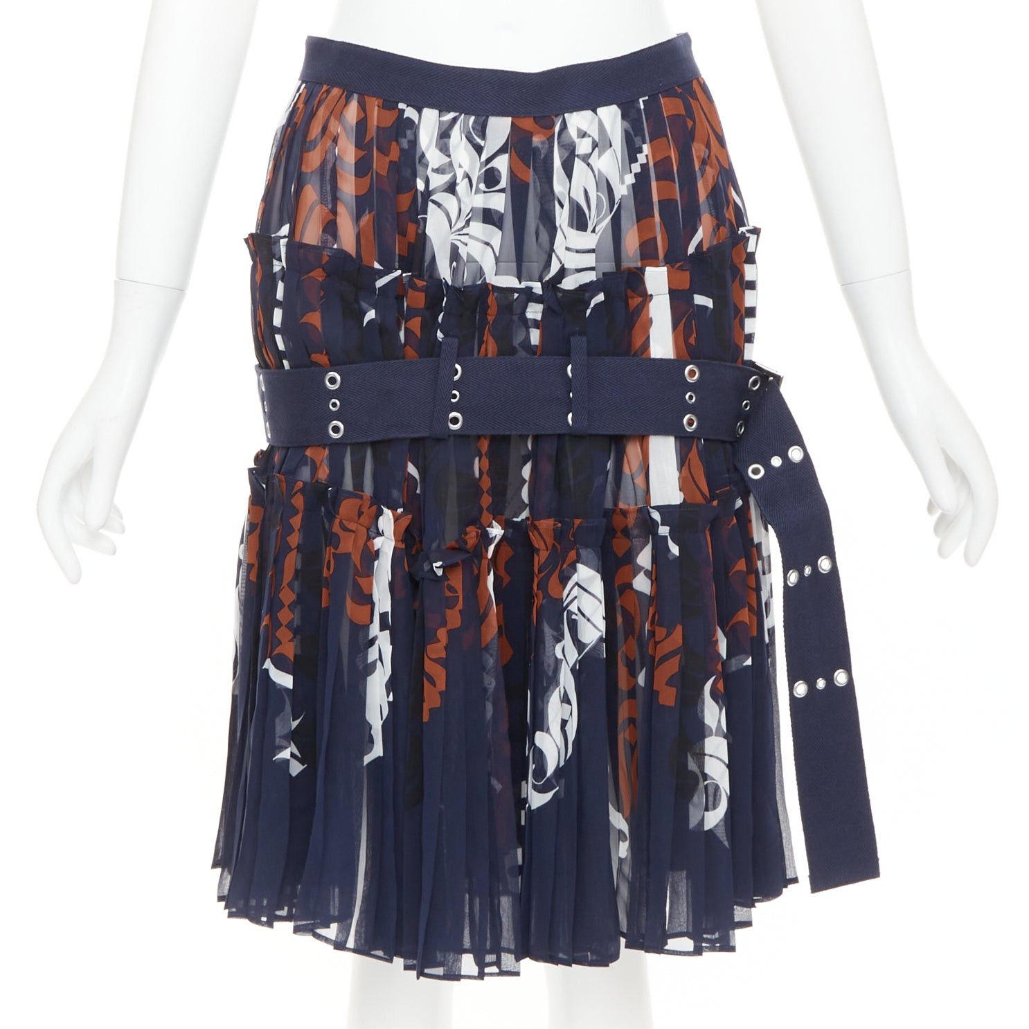 Sacai SACAI 2016 navy orange white printed pleated cotton eyelet belt skirt JP1 S Size 28" / US 6 / IT 42 - 1 Thumbnail