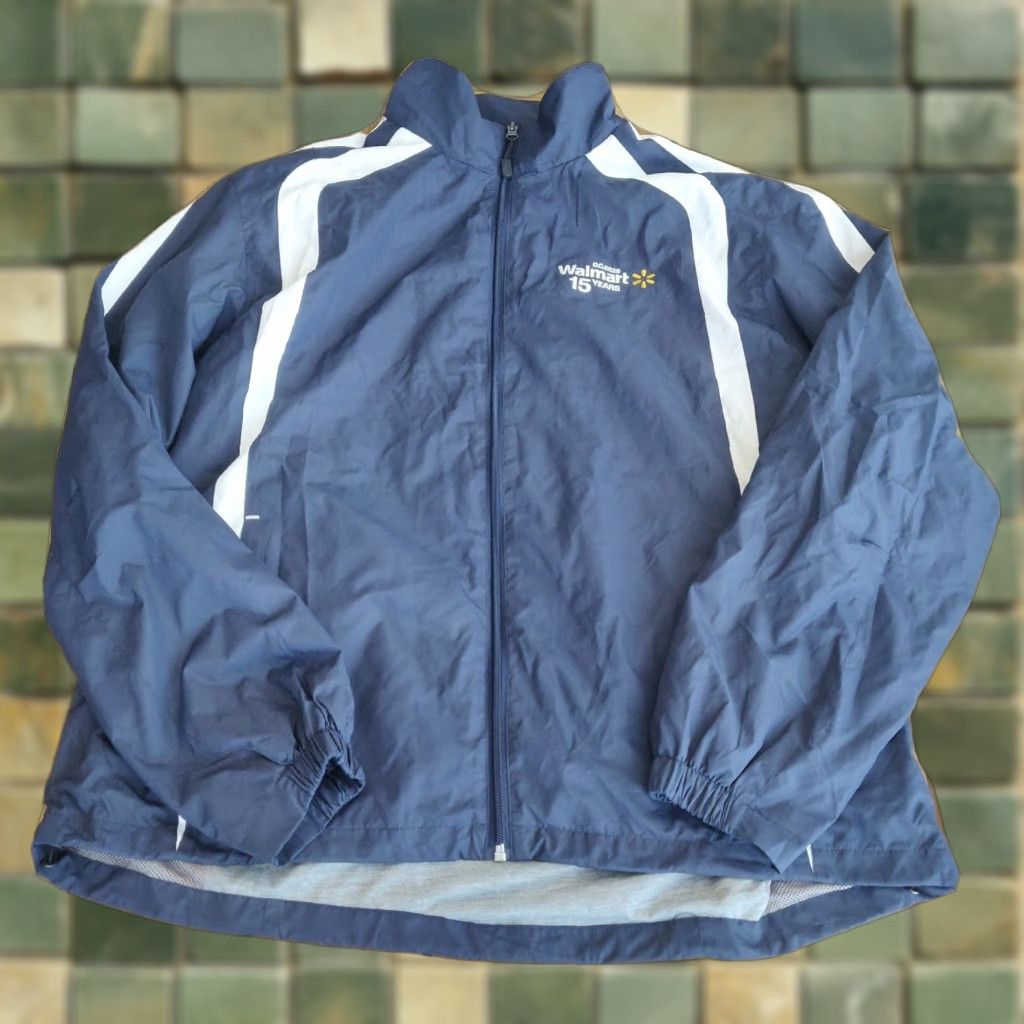 VINTAGE Walmart 25 Yr Wind Breaker Sport-Tek Men’s Jacket L Navy Blue Full Zip Collared Mens Windbreaker