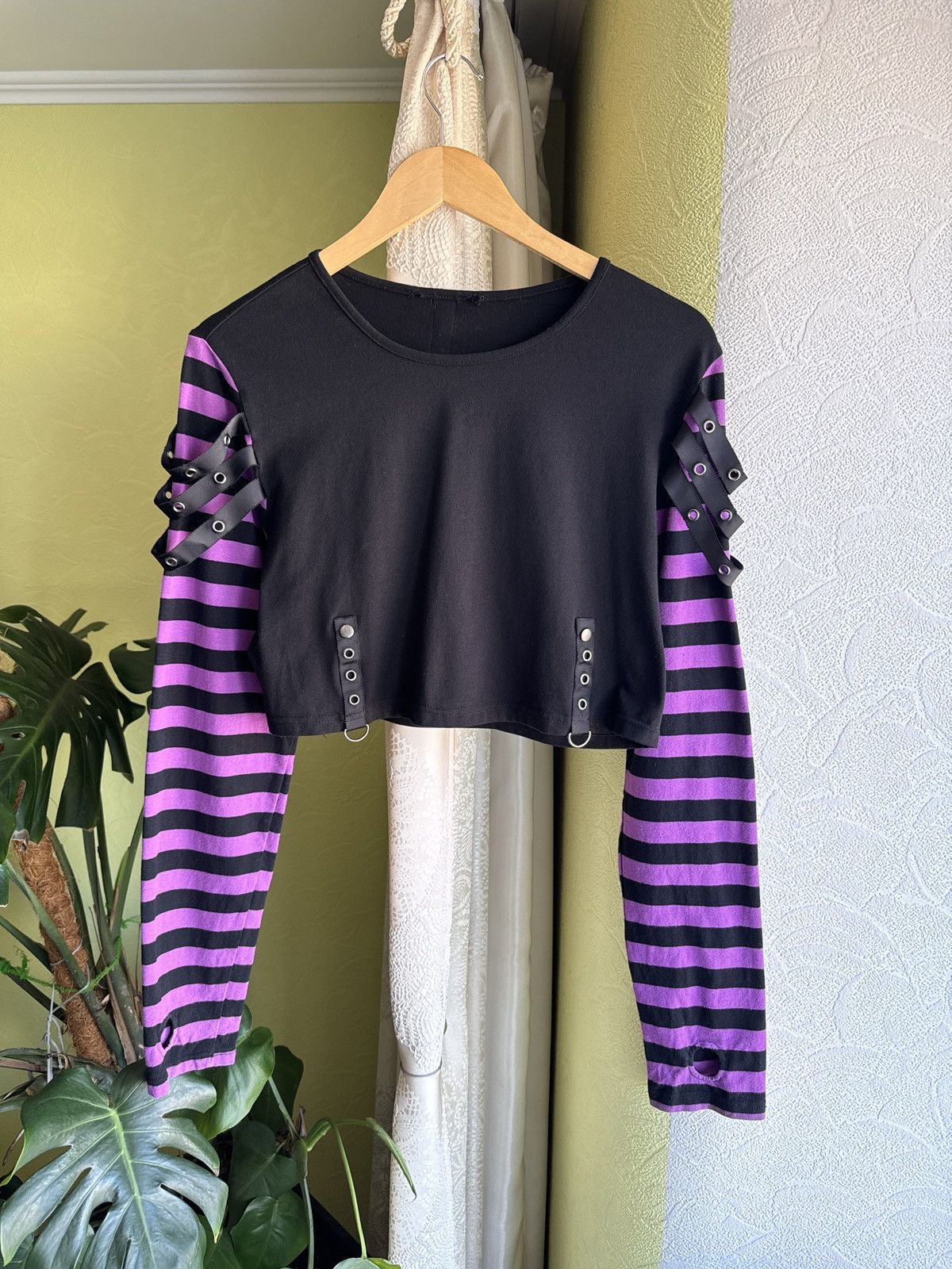 Hysteric Glamour Vintage Emo Punk Goth Cropped Longsleeve Top Black Purple Size M / US 6-8 / IT 42-44 - 4 Thumbnail