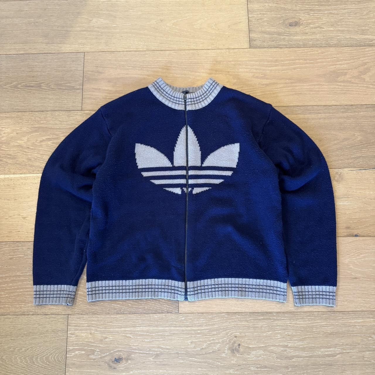 Adidas Vintage 90s Navy and White Adidas Zip Up Knit Sweater! Size US L / EU 52-54 / 3 - 2 Thumbnail