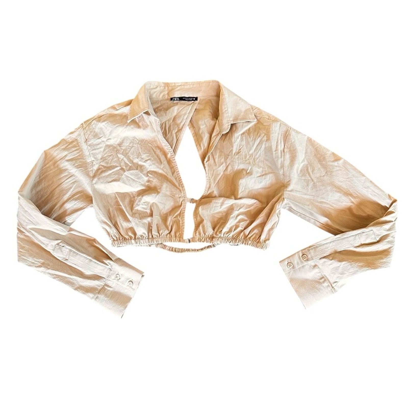 Zara Zara Cropped Collared Blouse – Tan/Cream – Size S – EUC Size S / US 4 / IT 40 - 1 Thumbnail