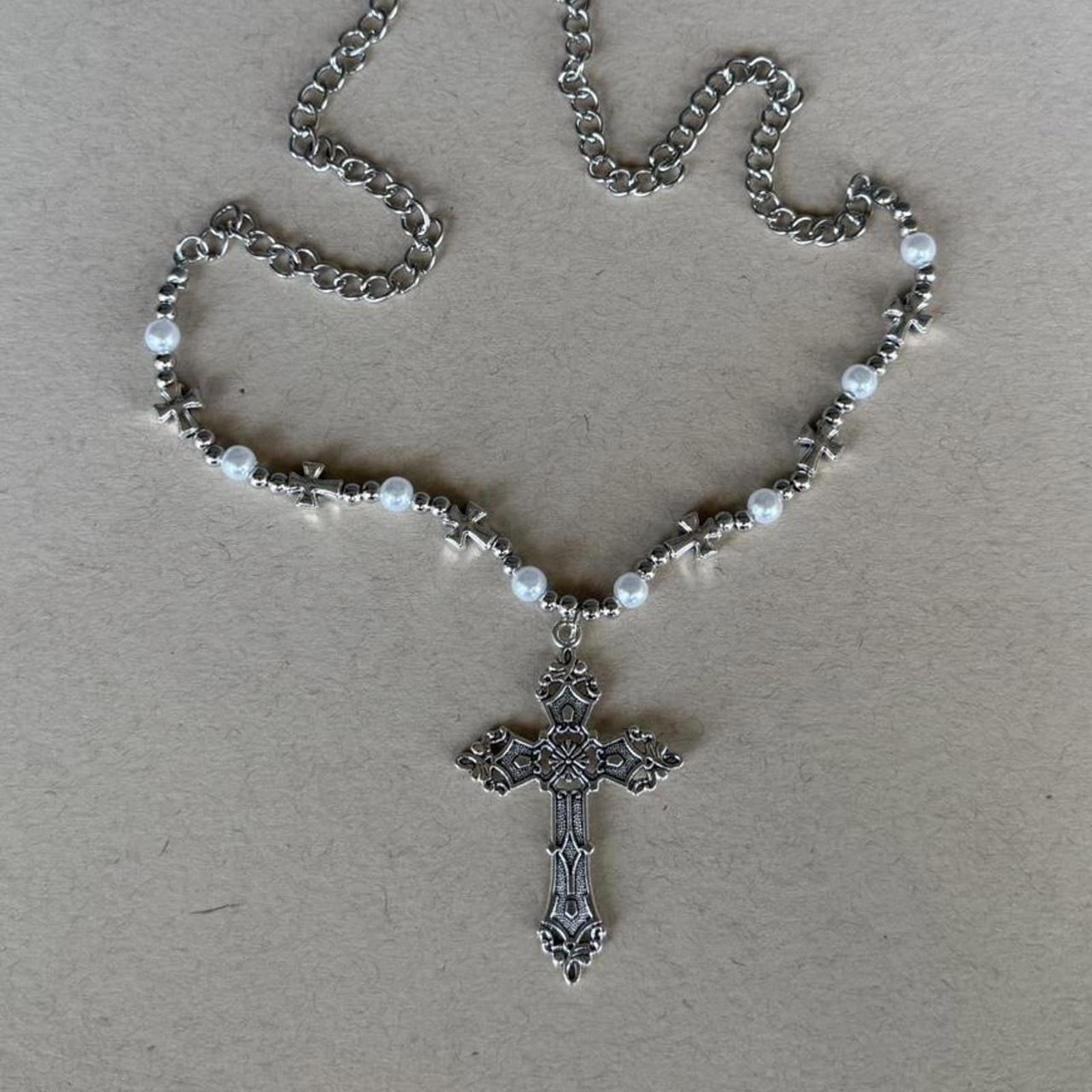 Other Silver tone cross necklace with faux pearl beads Size ONE SIZE - 1 Thumbnail