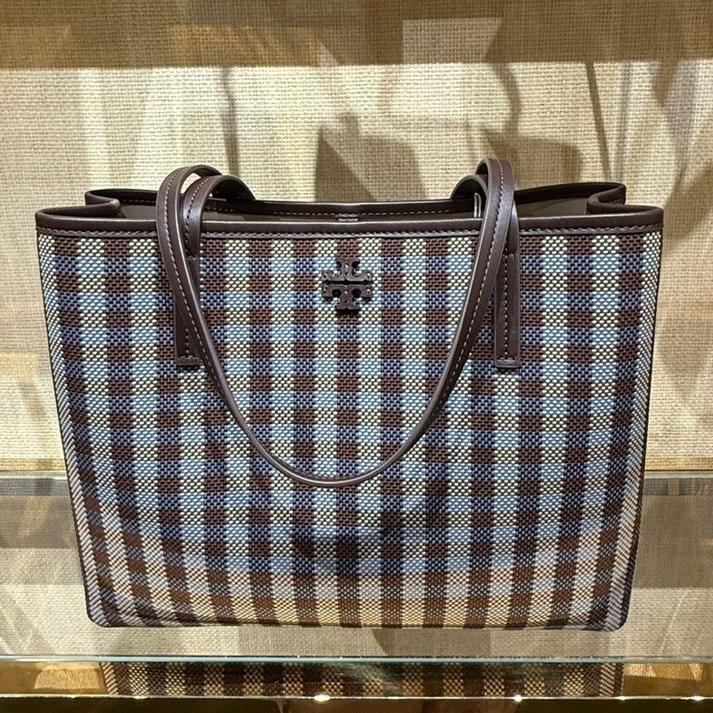 Tory Burch Tory Burch Blake Plaid Zip Tote Blue Multi Woven Nylon Size ONE SIZE - 1 Thumbnail