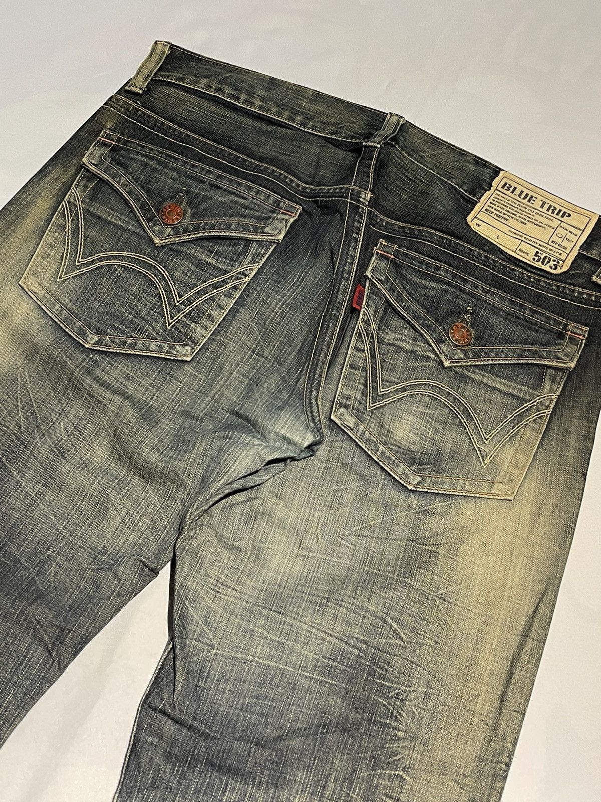 Edwin × Jean × Vintage RARE Edwin 503 Blue Trip Distressed Jeans Pant Size US 32 / EU 48 - 6 Thumbnail