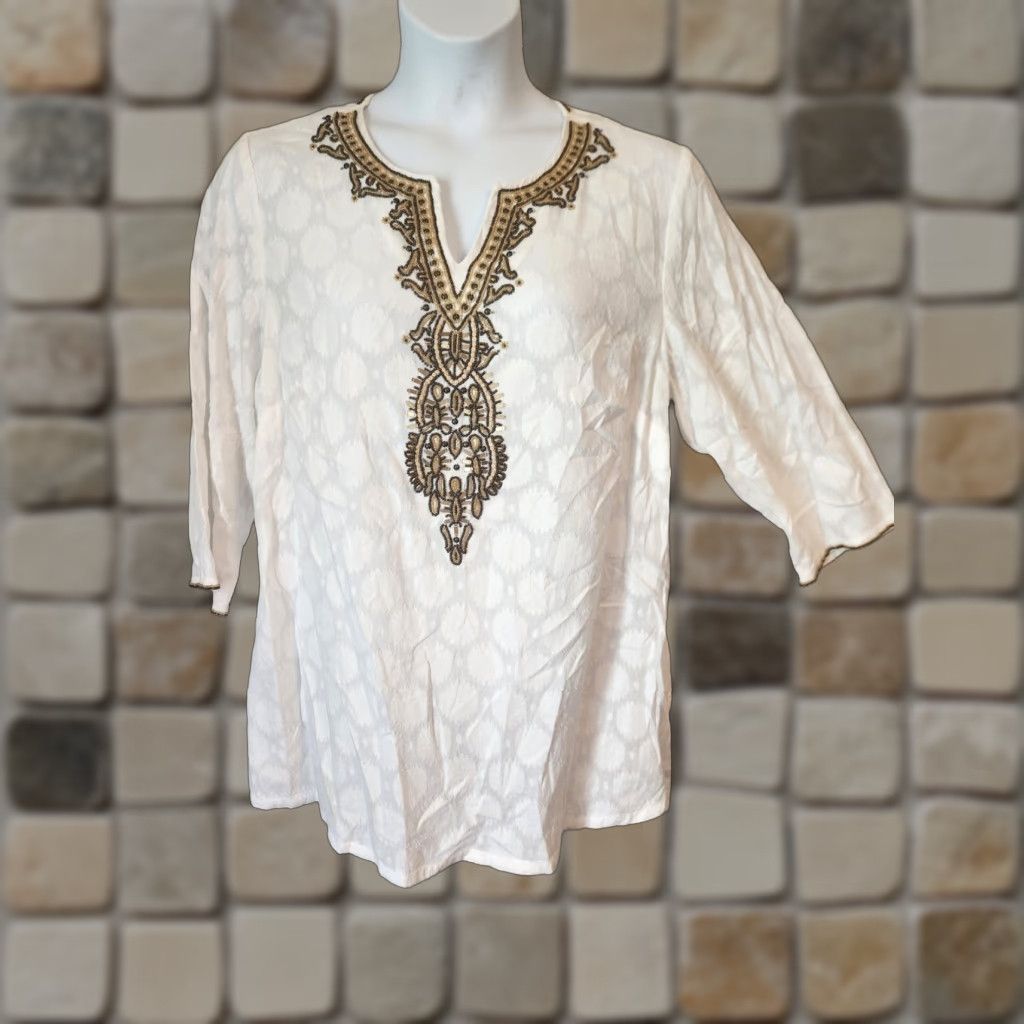 Charter Club Charter Club Blouse Tunic Top 0X White Beaded Detailed V-Neck 3/4 Sleeve Women Mathched Size XL / US 12-14 / IT 48-50 - 1 Thumbnail