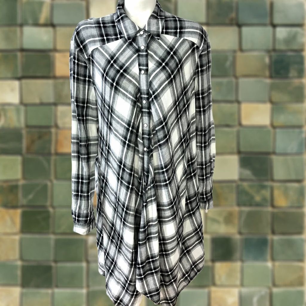 Allsaints All Saints Plaid Shirt LS Button-Up Black White MINT Large Linen Blend Visocse ??? Size L / US 10 / IT 46 - 1 Thumbnail