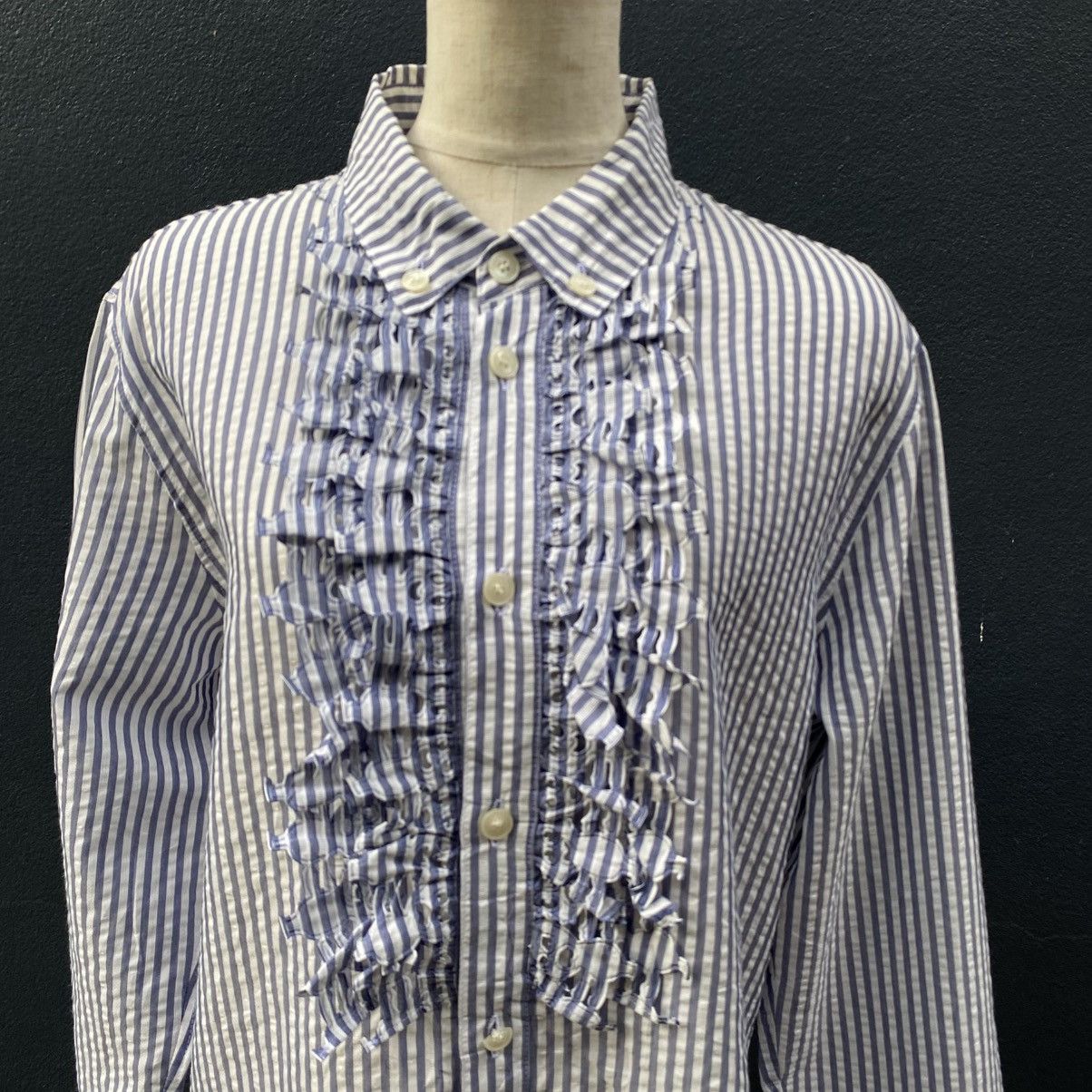 Ne-Net Ne-net Blue and White Striped Ruffle Front Shirt Size US L / EU 52-54 / 3 - 12 Thumbnail