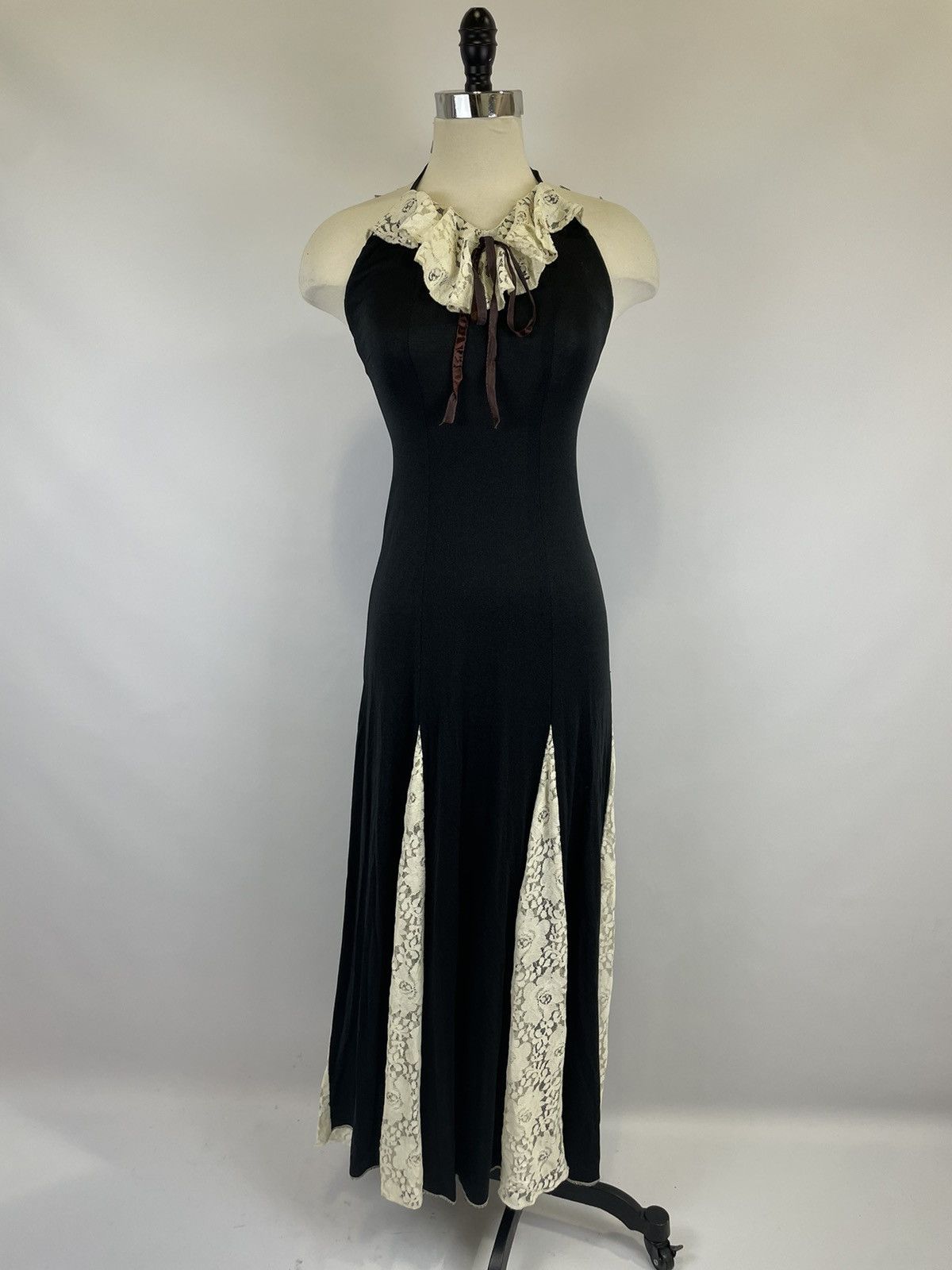 Image of Vintage 1970S Black Lace Halter Maxi Dress Size 5, Women's