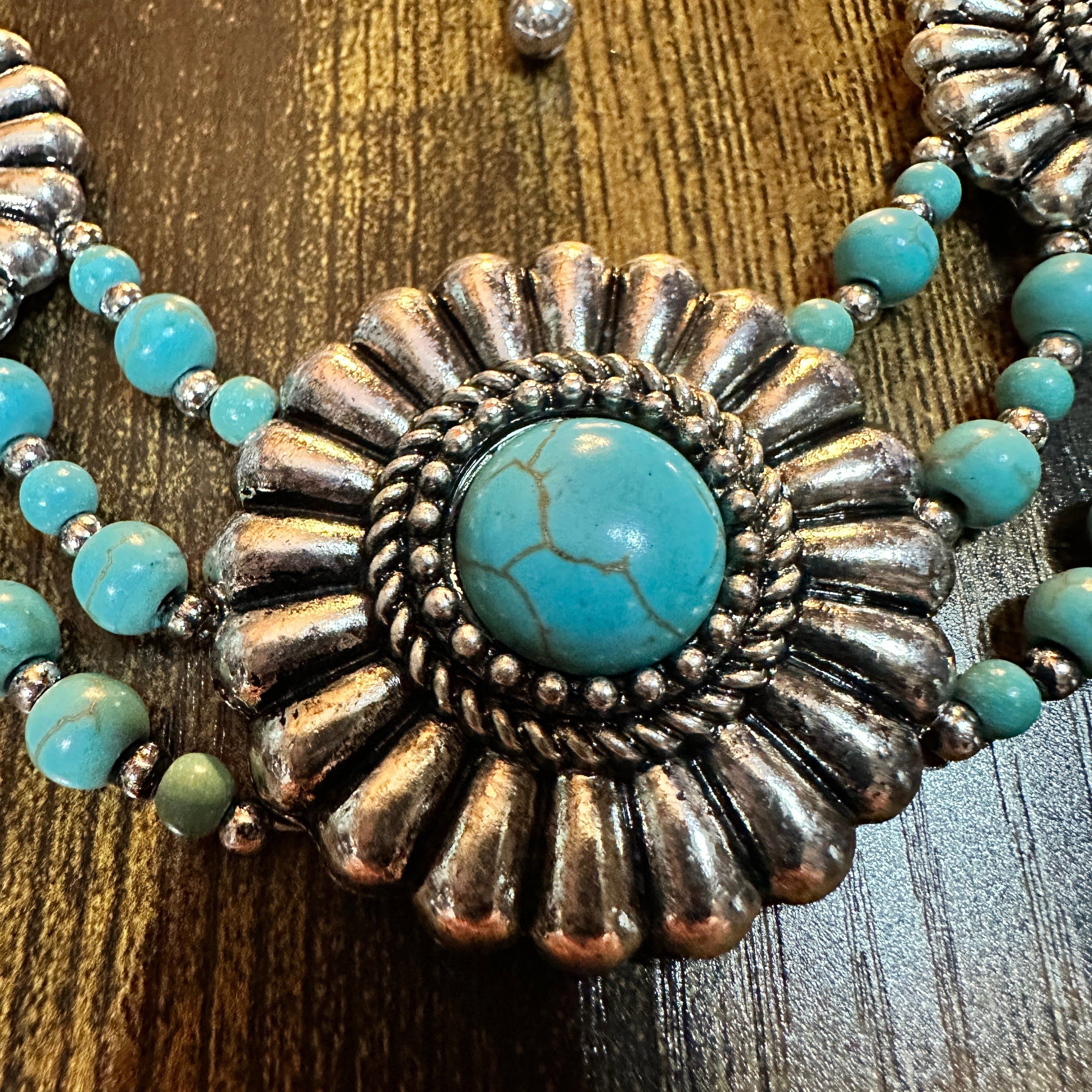 Other Turquoise Flower Concho Beaded Necklace and Earrings Set Size ONE SIZE - 3 Thumbnail
