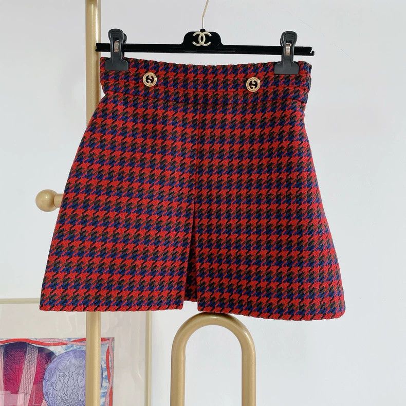 Gucci GUCCI Red Houndstooth Wool Mini Skirt 40- DMC Size US 31 - 1 Thumbnail