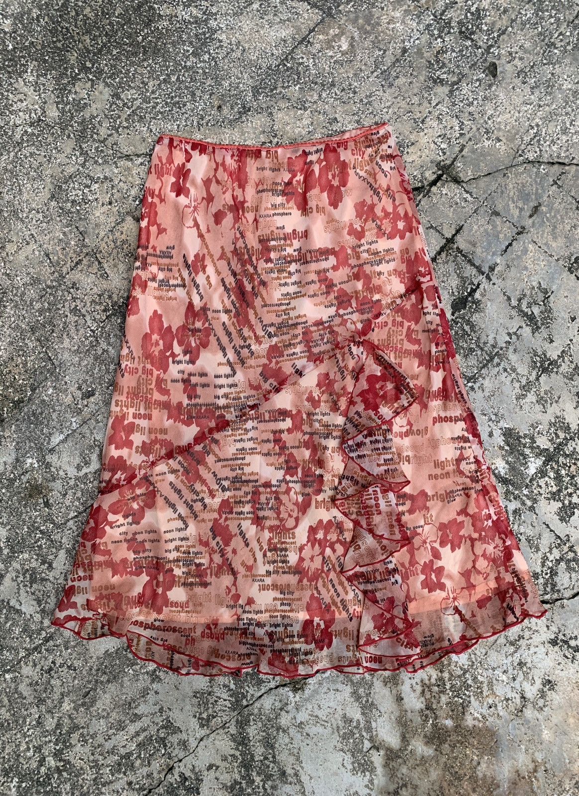 y2k MYdeGIRL Japan Floral Word Ruffle Mesh Midi Skirt