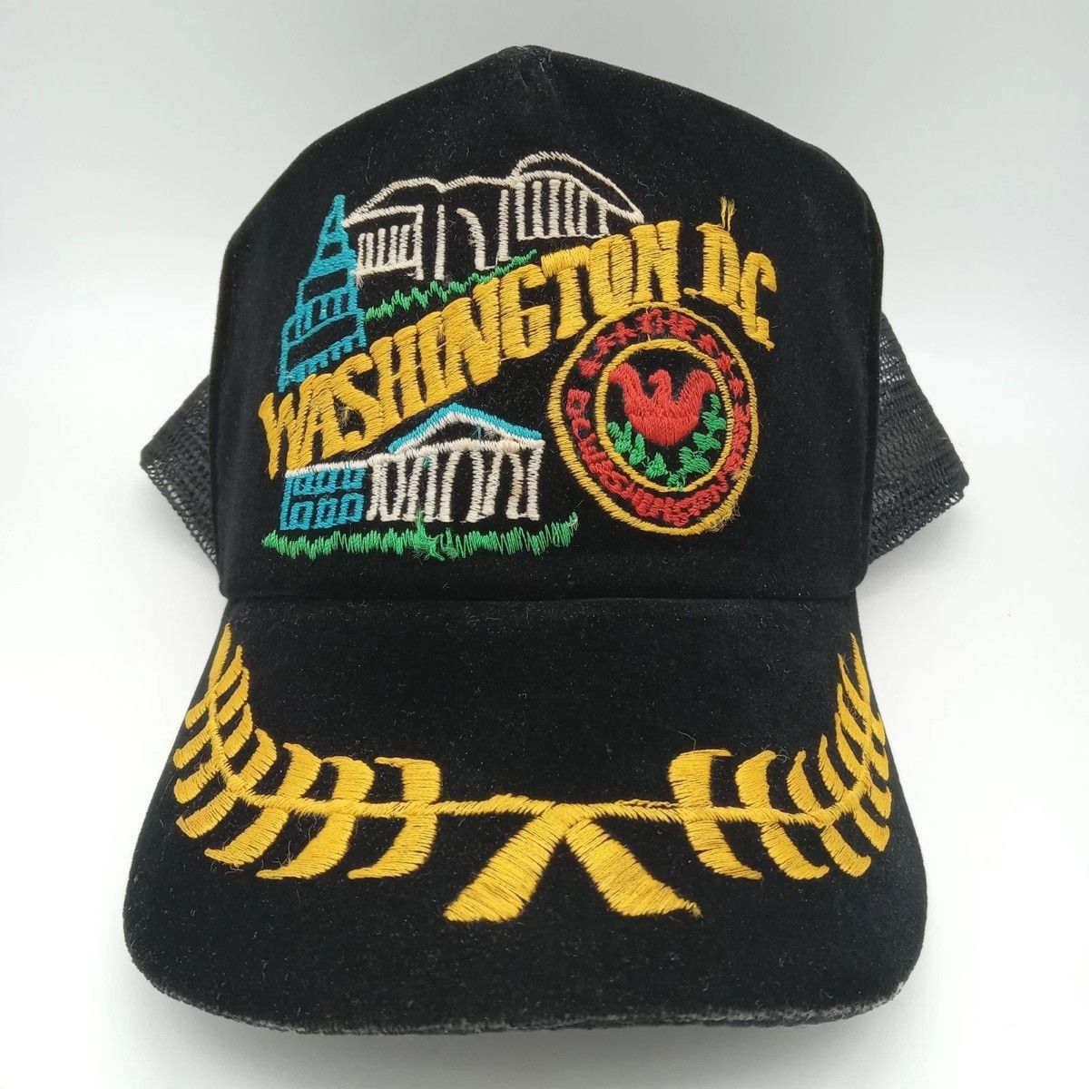 970s Black Velvet Embroidered Souvenir Trucker Hat Mesh Back