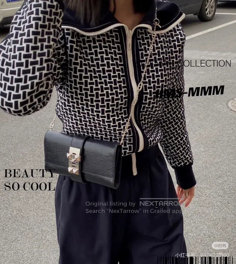 Hermes Hermes Black and White Woven Print Knit Jacket Size XXS / US 00 / IT 34 - 1 Thumbnail
