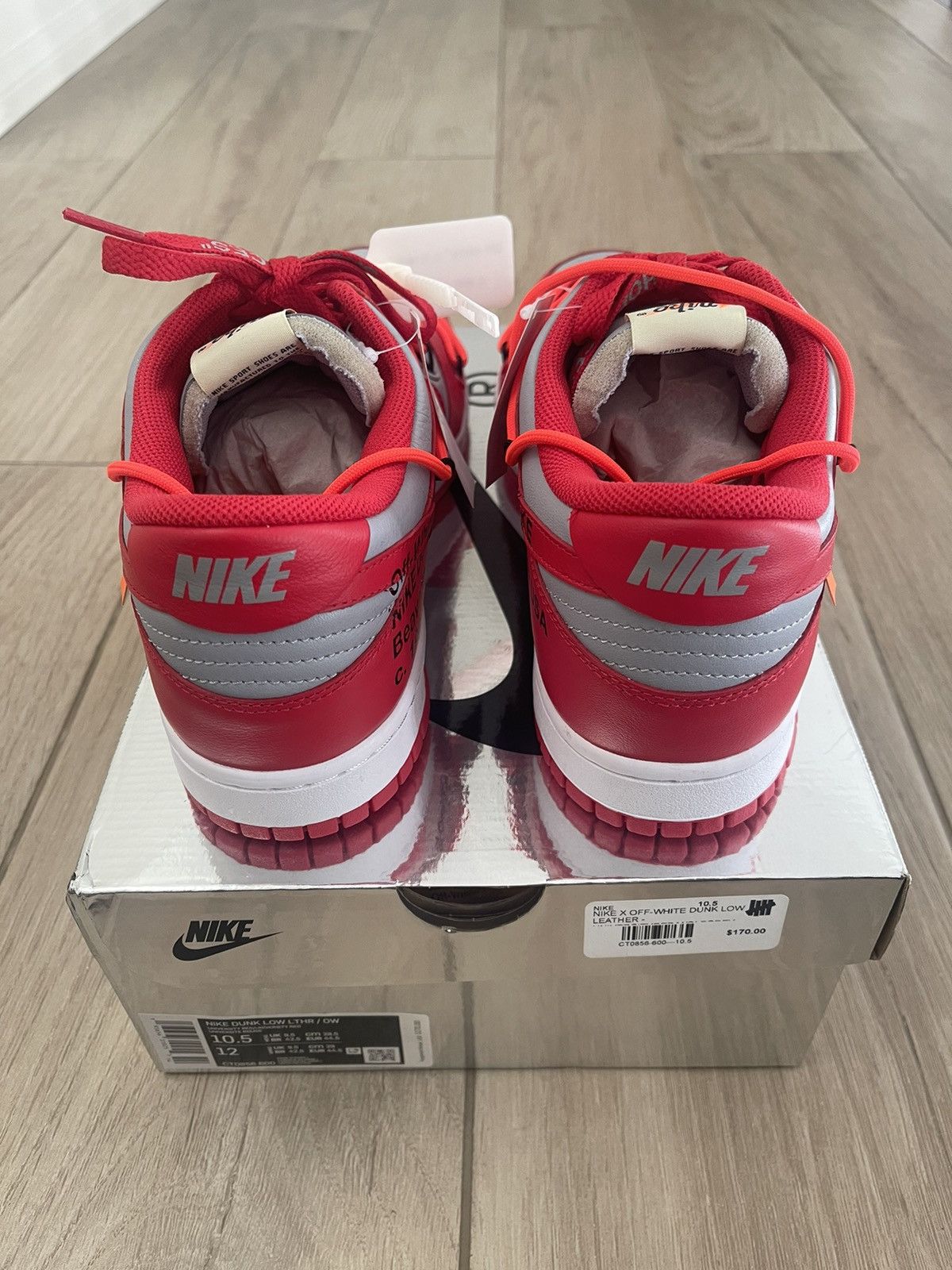 Nike × Off-White Dunk Low University Red-Wolf Grey 2019 Size US 10.5 / EU 43-44 - 6 Thumbnail