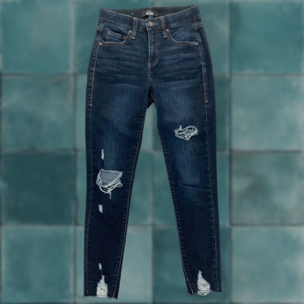 Vintage LuLaRoe With Love Jeans Women's 24 Skinny Dark Blue Stretch Denim Distressed Size 42" / US 20 - 1 Thumbnail