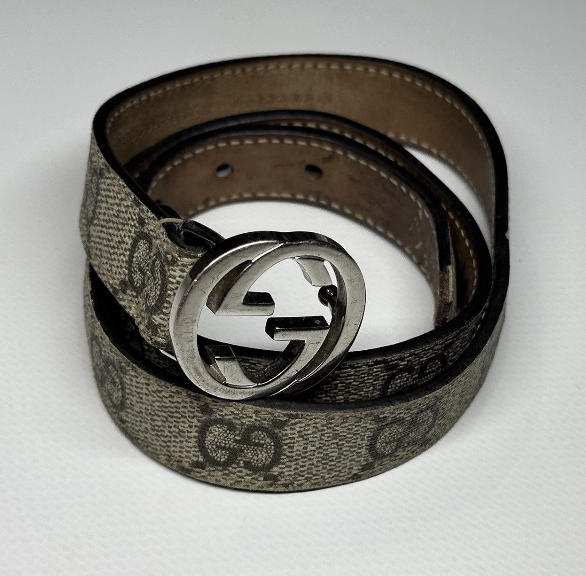 Gucci Gucci Beige/Brown GG Thin Belt 70cm Silver Buckle Size ONE SIZE - 1 Thumbnail