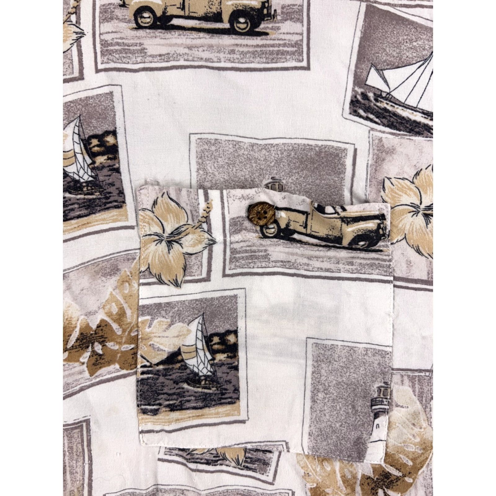 Vintage Puritan Shirt Mens Large Beige Hawaiian Sailboat Lighthouse Truck Postcard Rayon Size US L / EU 52-54 / 3 - 6 Thumbnail