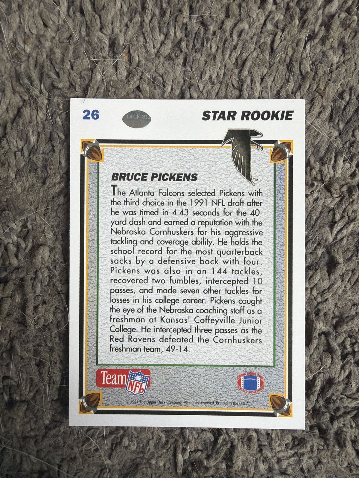 NFL 1991 Upper Deck #26 Bruce Pickens Card Size ONE SIZE - 2 Thumbnail