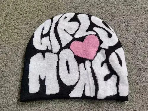 Japanese Brand Girls Love Money Heart Graphic No Cuff Beanie Hat Black Size ONE SIZE - 1 Thumbnail
