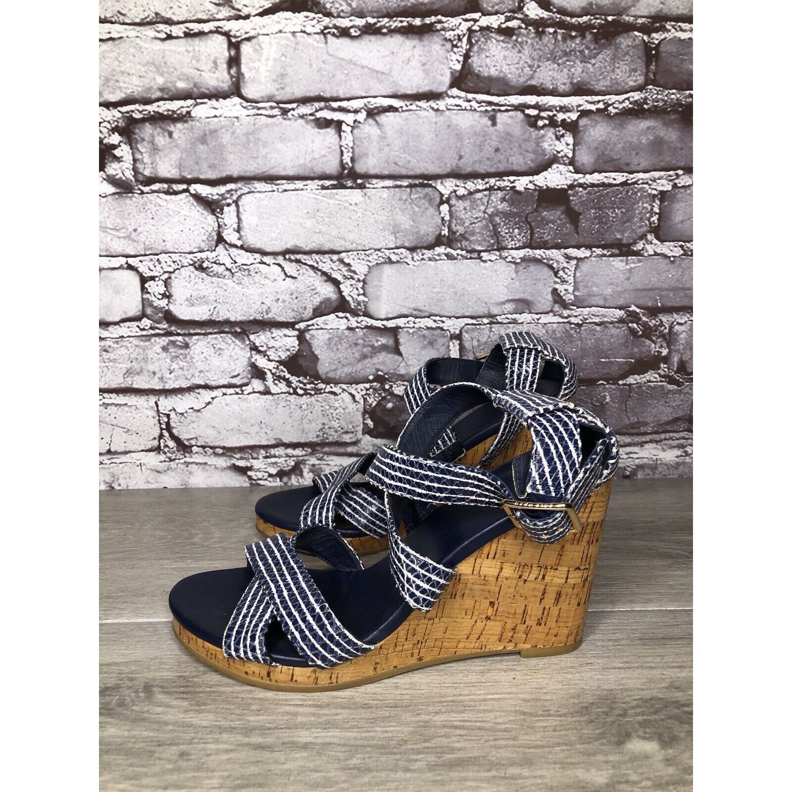 Cole Haan Cole Haan Grand OS Blue White Stripe Leather Cork Wedge Sand Size US 7.5 / IT 37.5 - 21 Thumbnail