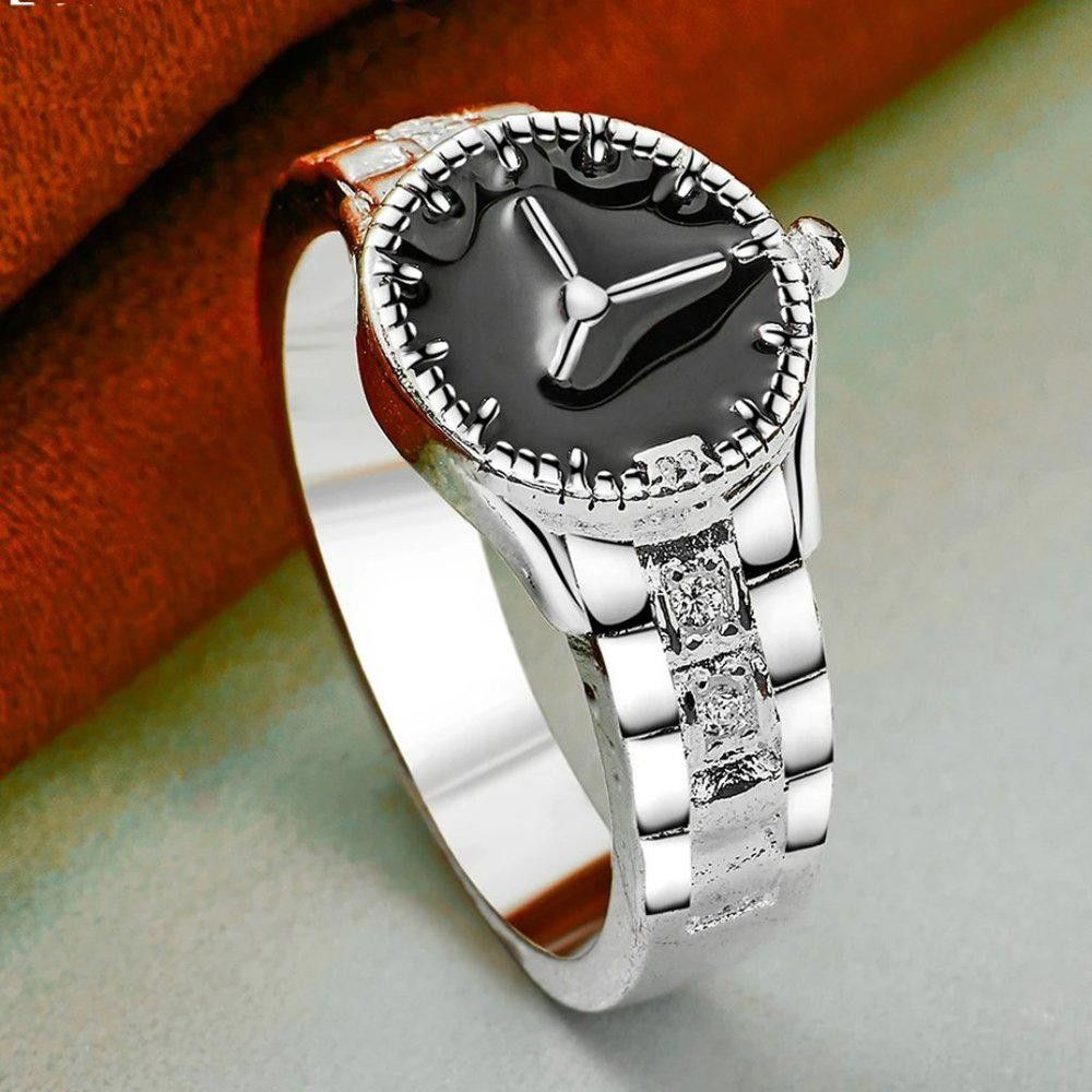 Designer 925 Sterling Silver Analog Watch Shaped Clock Ring - Size 7 Size ONE SIZE - 1 Thumbnail