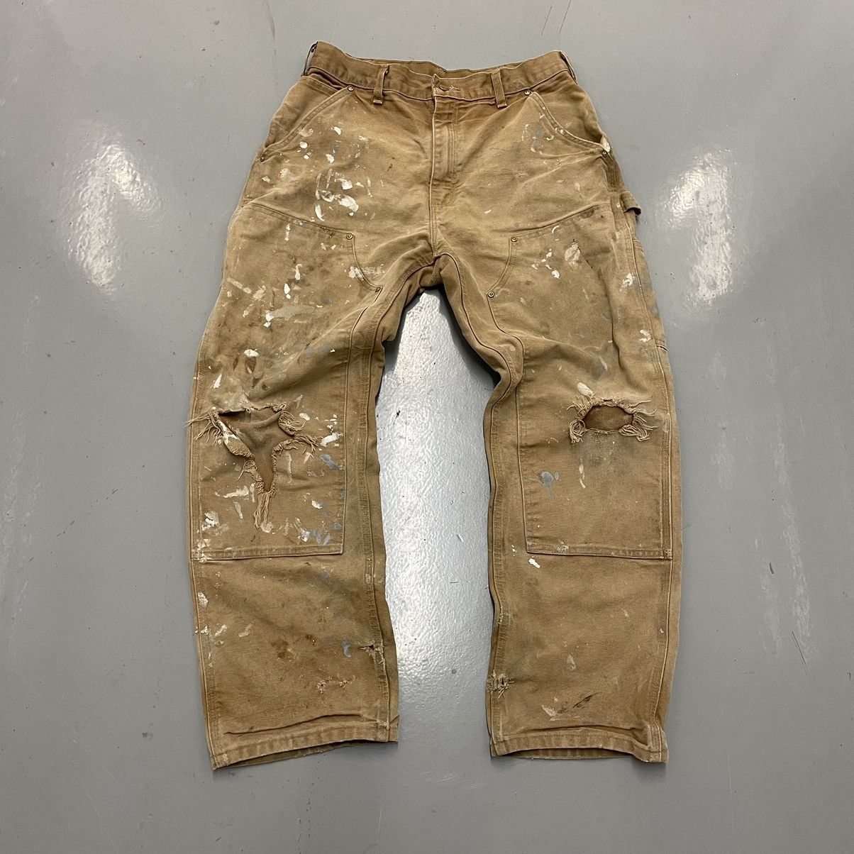 image of Crazy Vintage Carhartt Double Knee Paint Distressed Pants in Tan, Men's (Size 33)