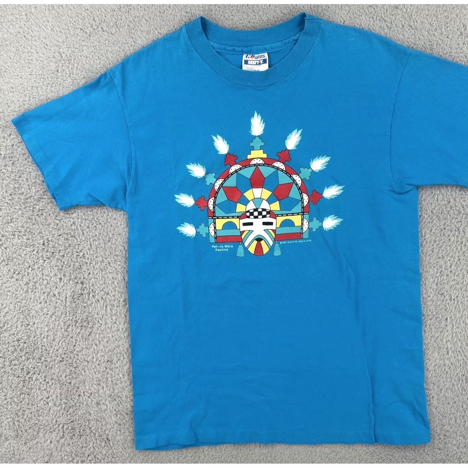 Hanes VINTAGE Hanes Beefy-T Shirt Blue 80s USA Pah-lik Mana Kachina Medium Men Short Sleeve Crew Neck Cotton Knit Size US M / EU 48-50 / 2 - 3 Thumbnail