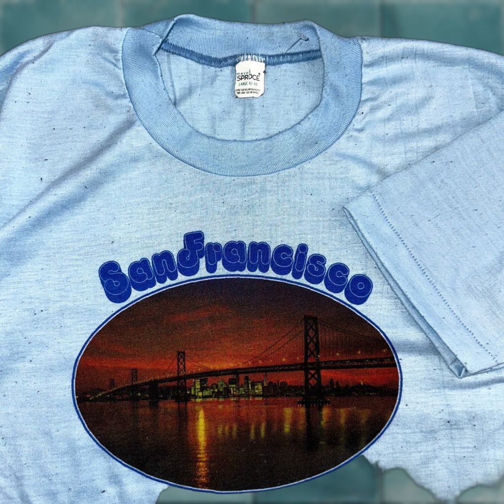 VINTAGE San Francisco 1970s Spruce T-Shirt Blue L Men Rockabilly USA Bridge 70s 80s 90s Graphic Print Crew Neck Short Sleeve