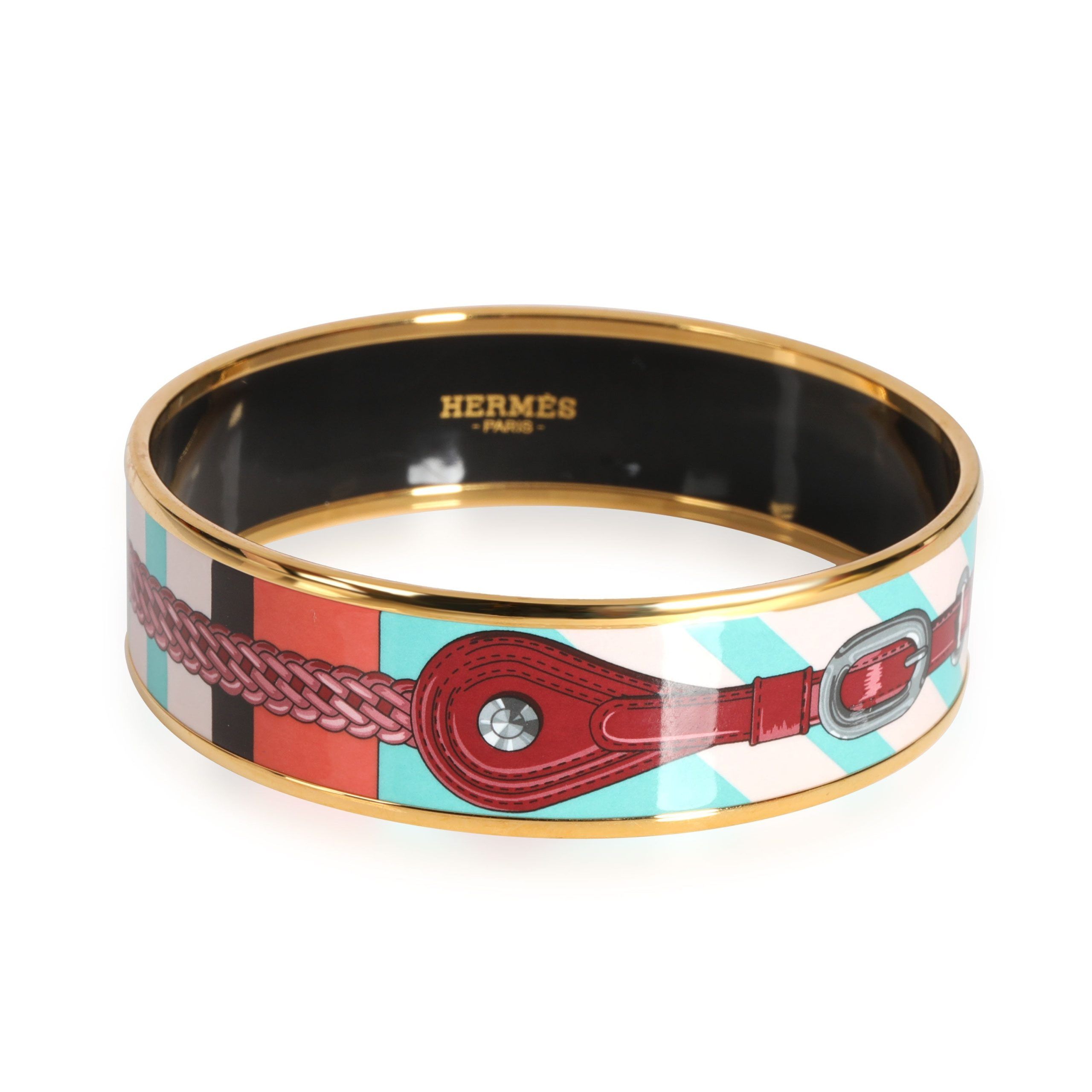 image of Hermes Rose Couture Coaching Gold Plated Enamel Bangle in Yellow, Women's