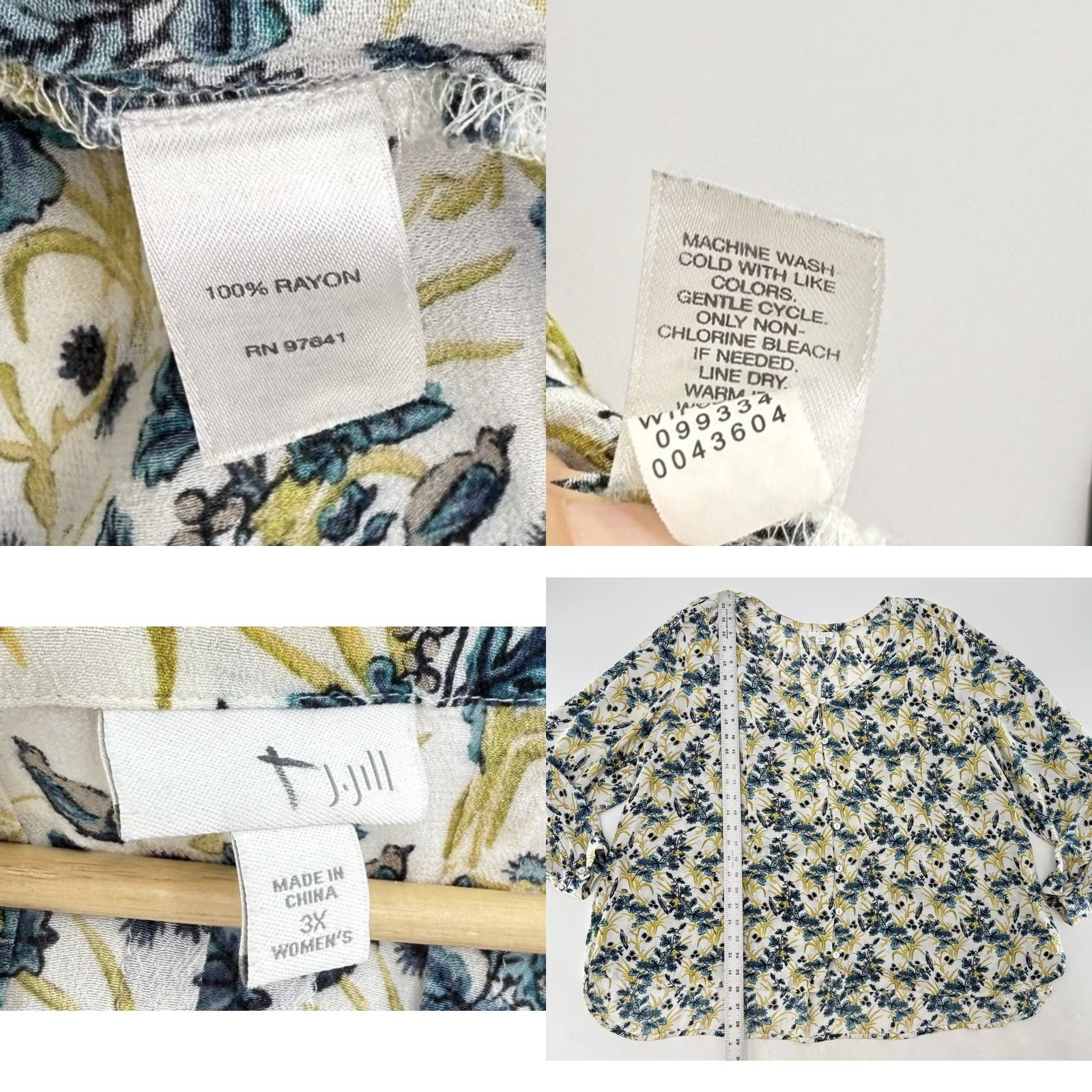 J. Jill J.Jill Blouse Womens Plus 3x Blue Yellow Floral Button Front Long Sleeve Rayon Size XXL / US 16-18 / IT 52-54 - 8 Thumbnail