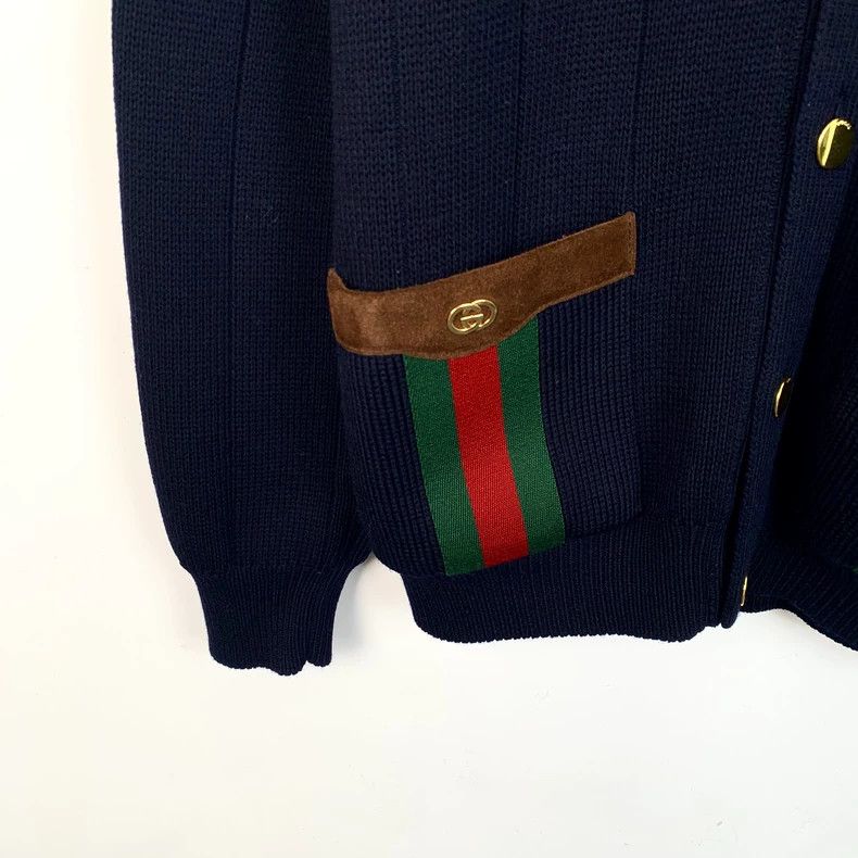 Gucci Gucci Dark blue red green webbing wool V-neck long-sleeved Size US S / EU 44-46 / 1 - 4 Thumbnail