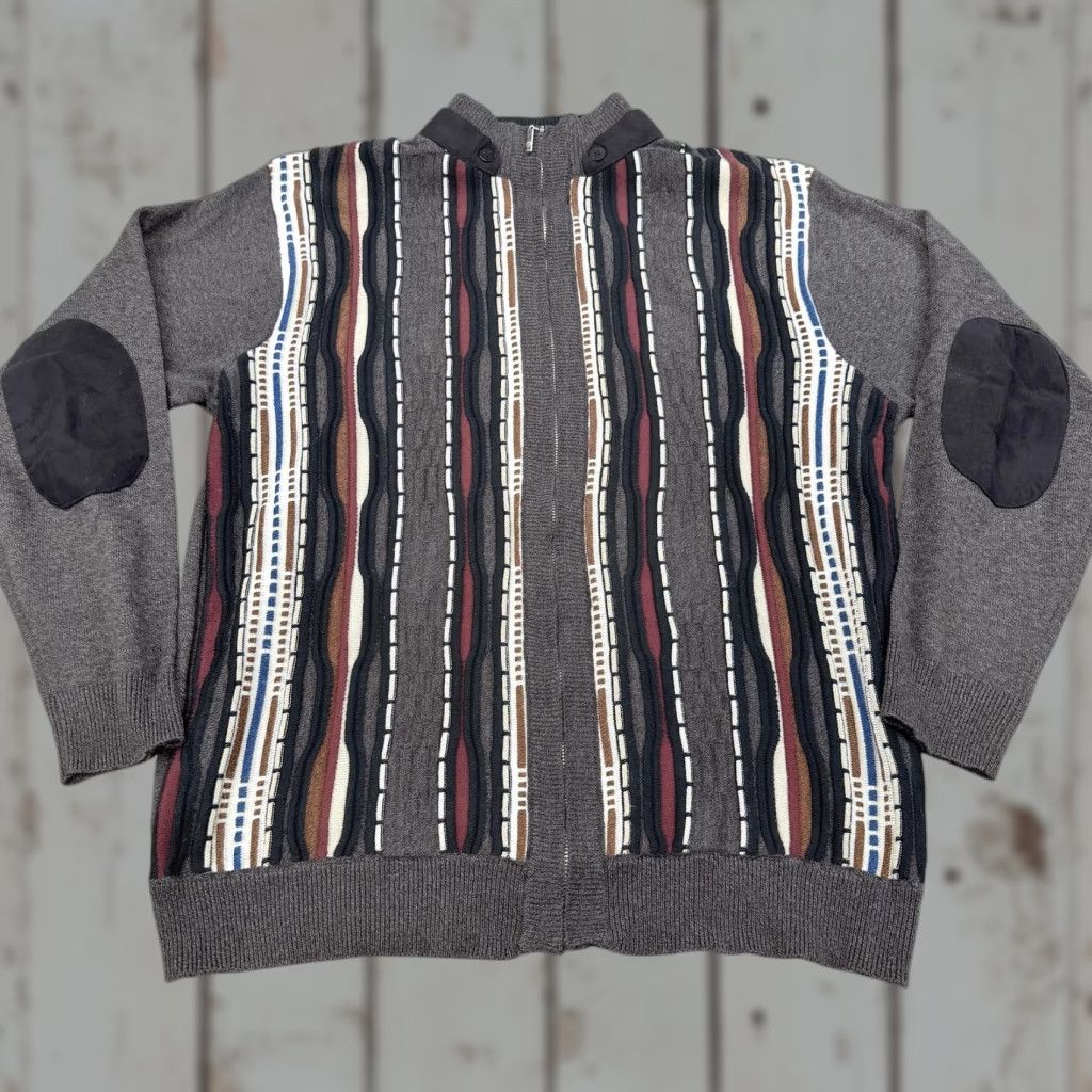 Vintage Montique Sweater Mens Large Gray Full Zip Mock Neck 3D Knit Elbow Patch Striped Knit Size US L / EU 52-54 / 3 - 1 Thumbnail