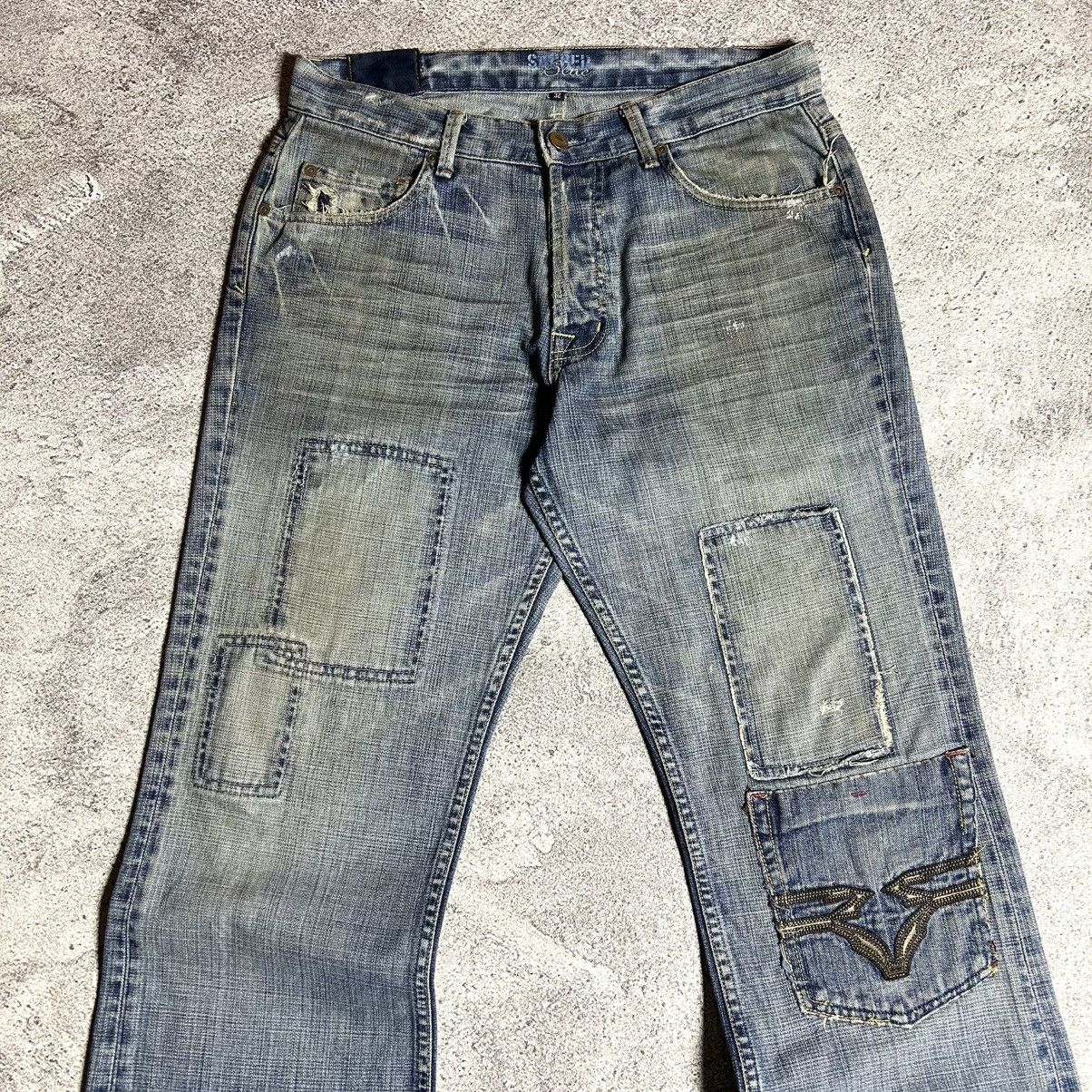 Japanese Brand Vintage SACRED BLUE Flared Denim Patchwork USA Size US 32 / EU 48 - 4 Thumbnail