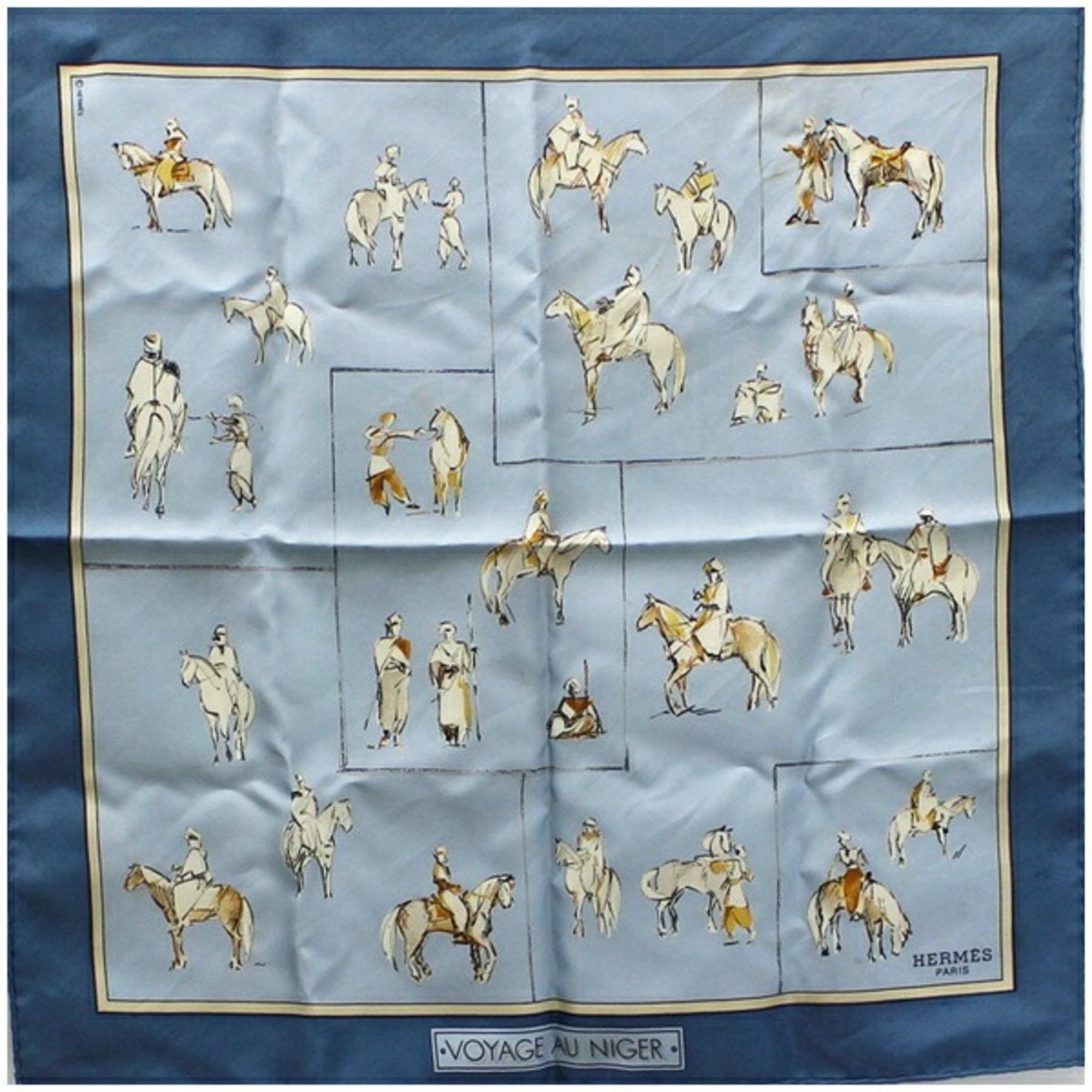 image of Hermes Silk Scarf Muffler Carre 45 Voyage Au Niger (Journey To Nijour) Hermes Ladies in Light Blue,