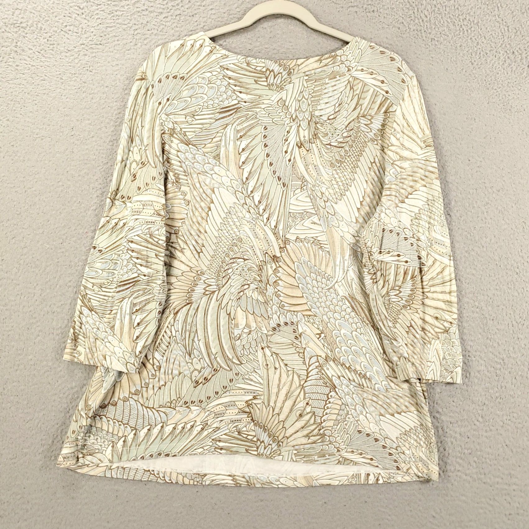 Vintage Chicos Blouse Womens XL Tan Ivory Wing Feather Print Scoop Neck Top 3 Size XL / US 12-14 / IT 48-50 - 7 Thumbnail