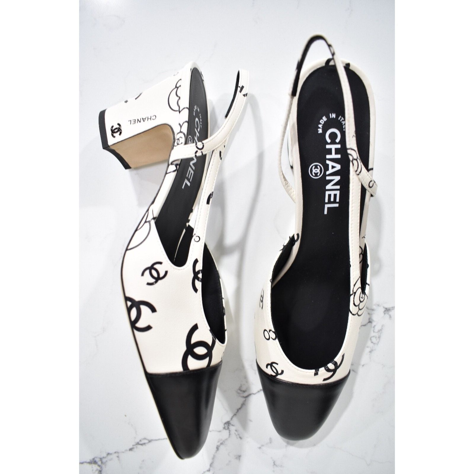 Chanel Chanel Sling White Black CC Logo Slingback Sandal Heel 37 Size US 7 / IT 37 - 3 Thumbnail