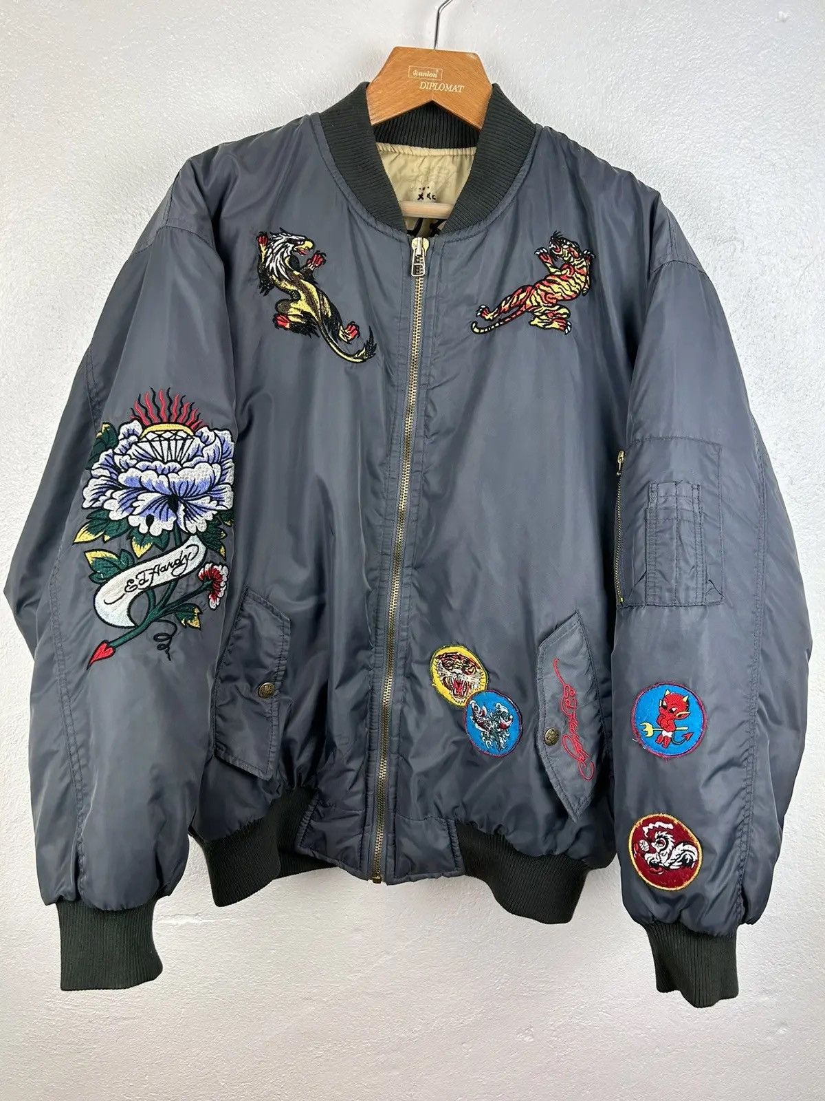 image of Vintage Ed Hardy By Christian Audigier Ma1 Bomber Jacket in Grey, Men's (Size 2XL)