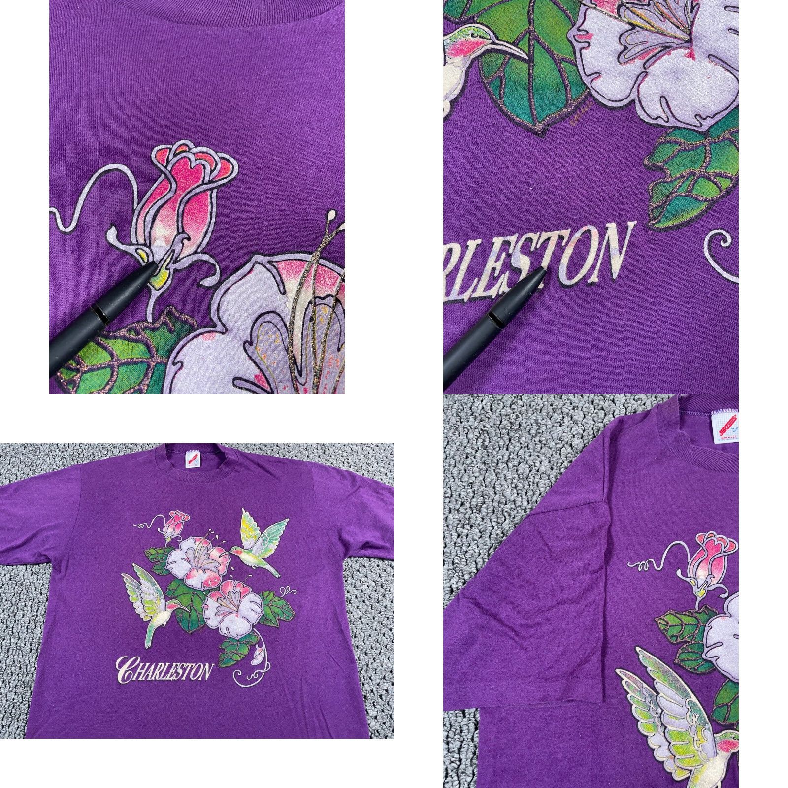 Jerzees VINTAGE Jerzees Charleston South Carolina Graphic Tee Adult Large Purple Flower Bird 90s T-Shirt Mens 50/50 Cotton Blend Size US L / EU 52-54 / 3 - 8 Thumbnail