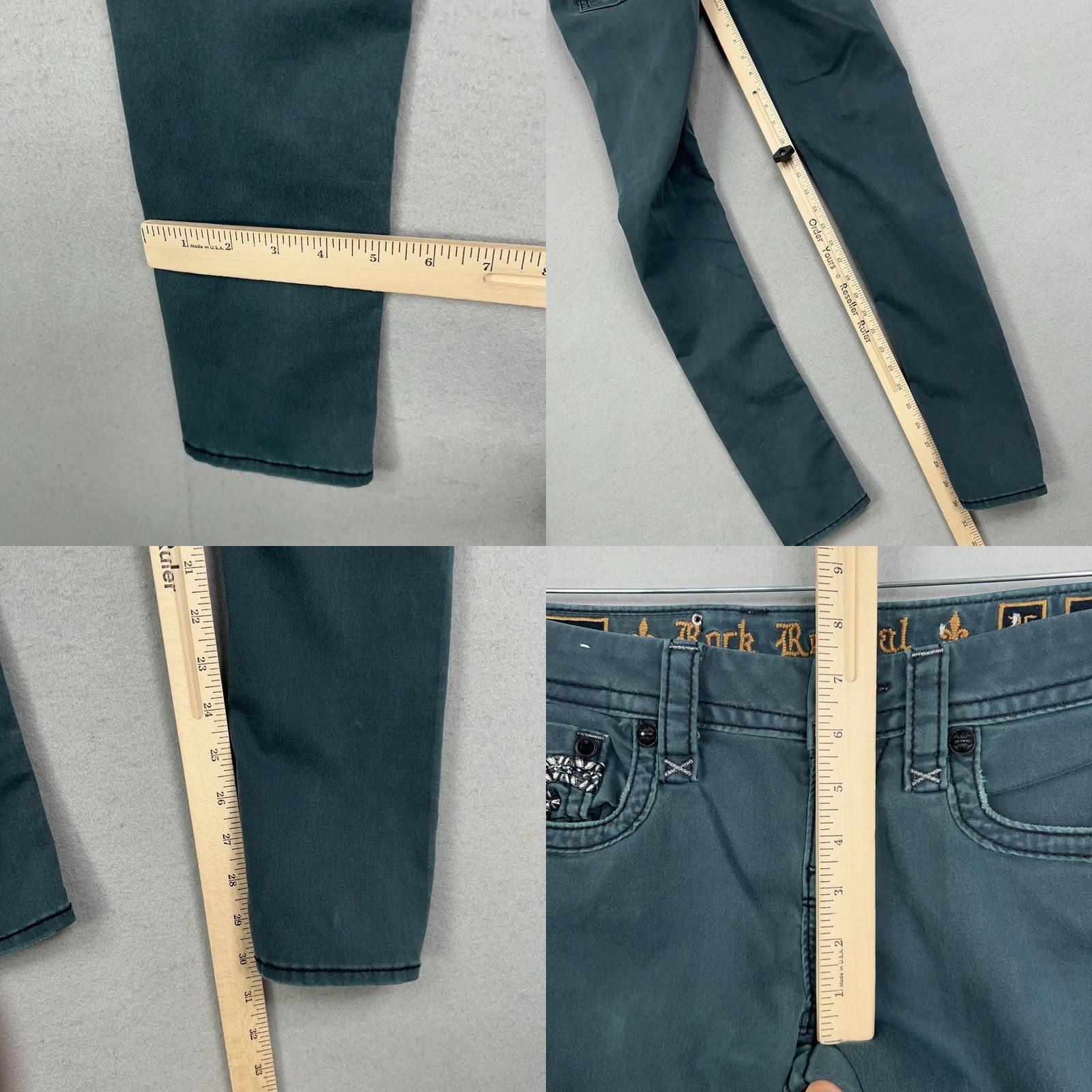 Vintage Rock Revival Jeans Womens 26 Green Denim Karla Skinny Embroidered 90s Y2K Distressed Rhinestone Tailored Logo Pocket Leather Patch Bagged Size 26" / US 2 / IT 38 - 10 Thumbnail