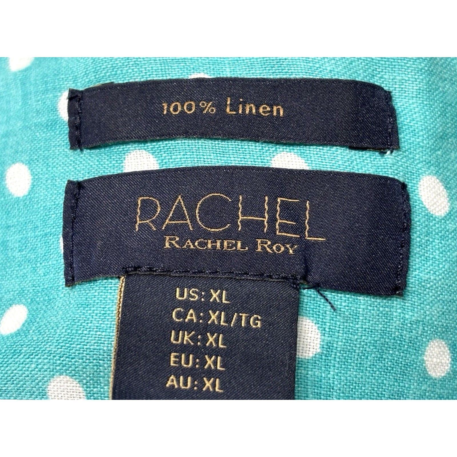 X-LARGE RACHEL Rachel Roy Women's Turquoise Linen Button-Up Shirt X-Large Polka Dot Short Sleeve Size XL / US 12-14 / IT 48-50 - 7 Thumbnail