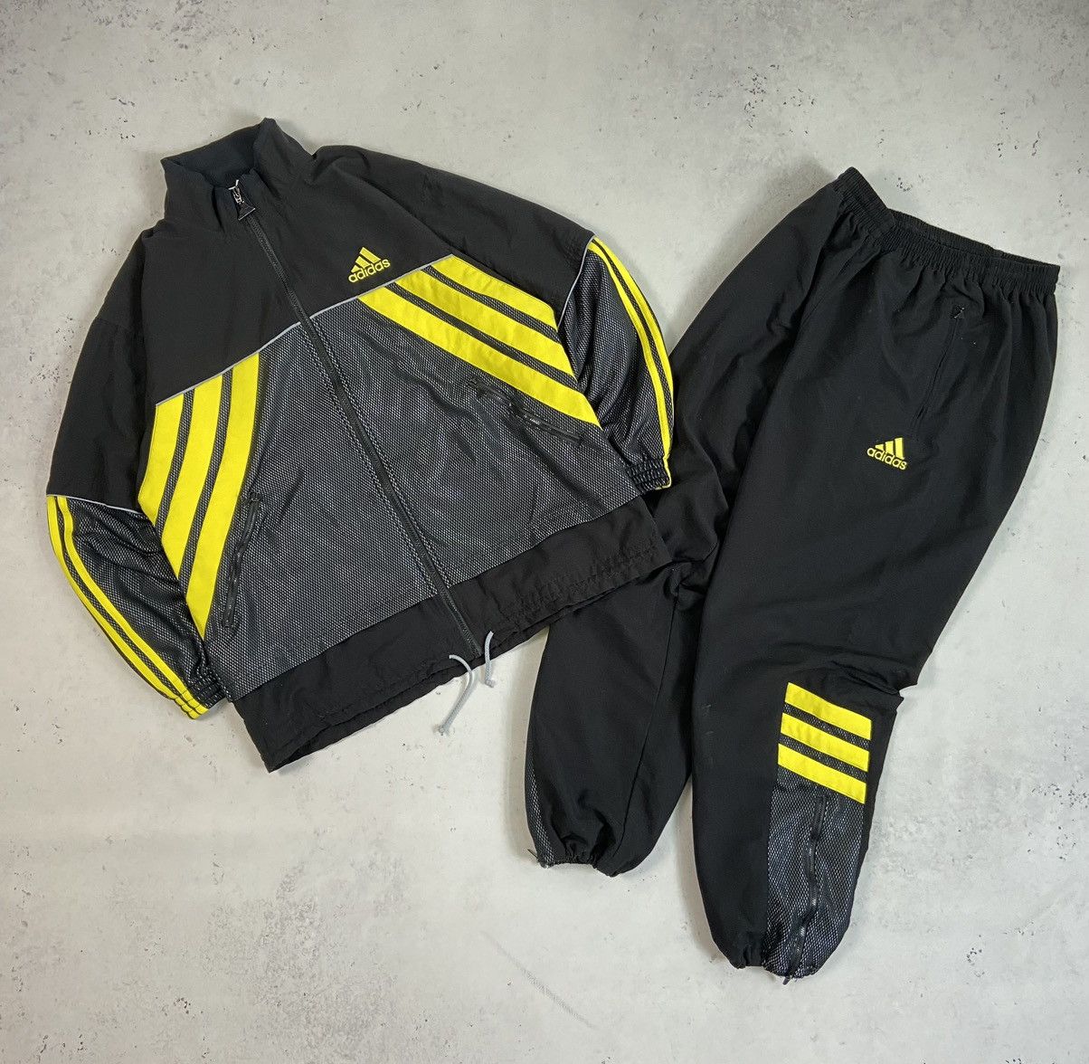 image of Adidas Track Vintage Suit Three Stripes Drill Baggy Pants in Black/Yellow, Men's (Size 32)