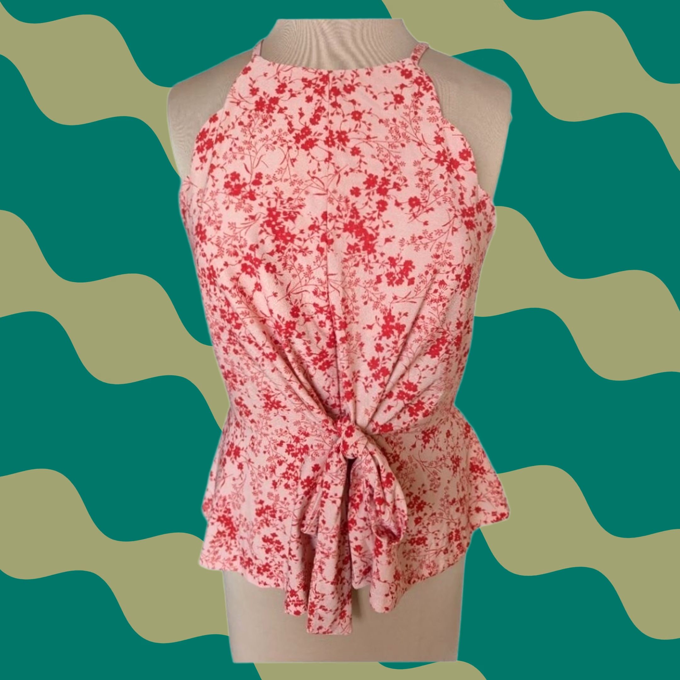 Vintage Meraki Halter Top Pink Floral Scalloped Peplum Tie Front Women L Reg. Casual, Party, Cocktail Dresses & Tops Women Size L / US 10 / IT 46 - 1 Thumbnail