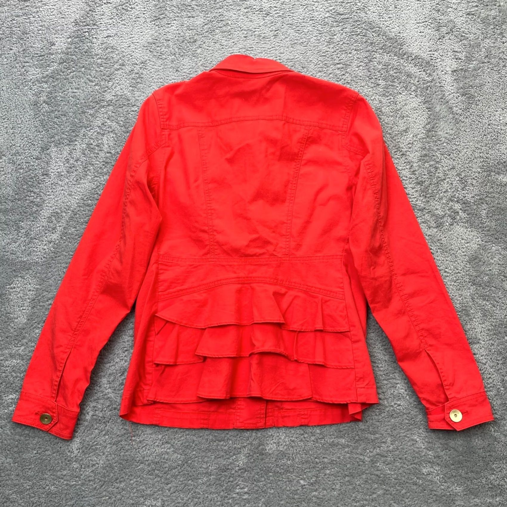 Vintage Cabi Jacket Womens M Red Military Coat Button Back Ruffle Short Sleeve Pocket Breathable Collared Pockets Dressy Casual Workwear CD 727? Size M / US 6-8 / IT 42-44 - 2 Thumbnail