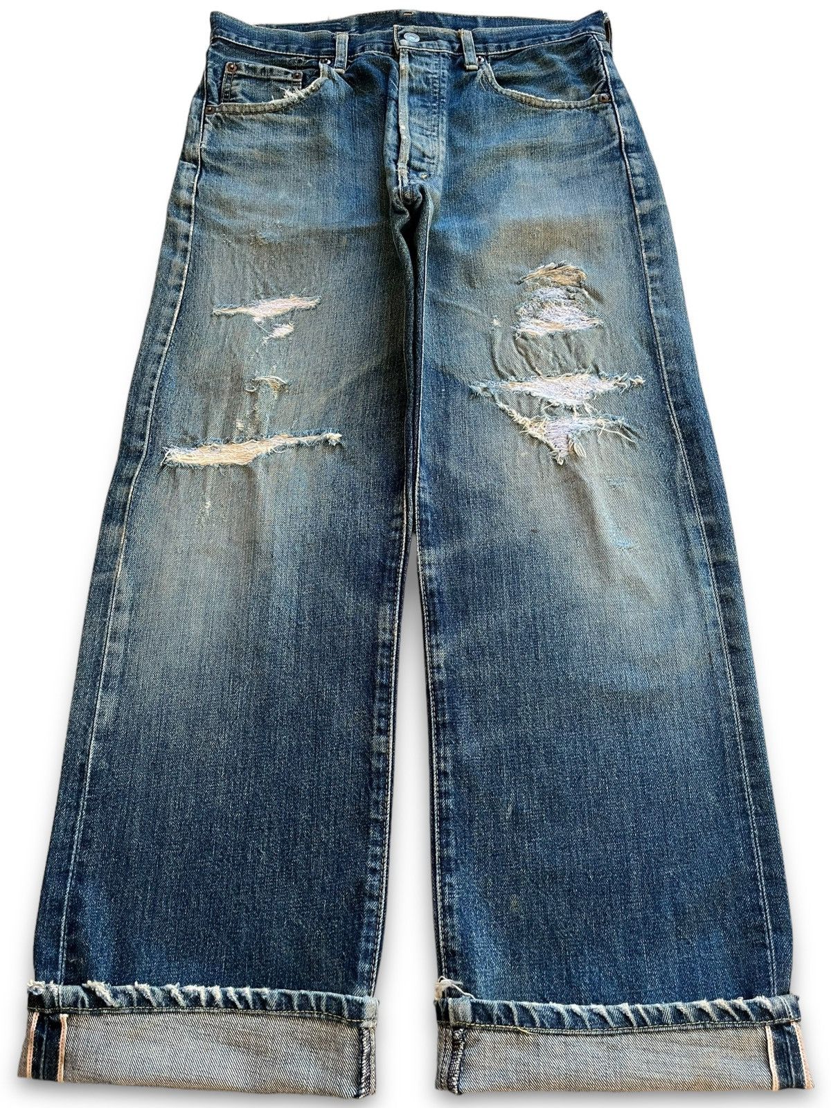 image of Distressed Denim x Levis Vintage Levis 503B Big E Selvedge Japan Sashiko Baggy Jeans in Blue (Size 