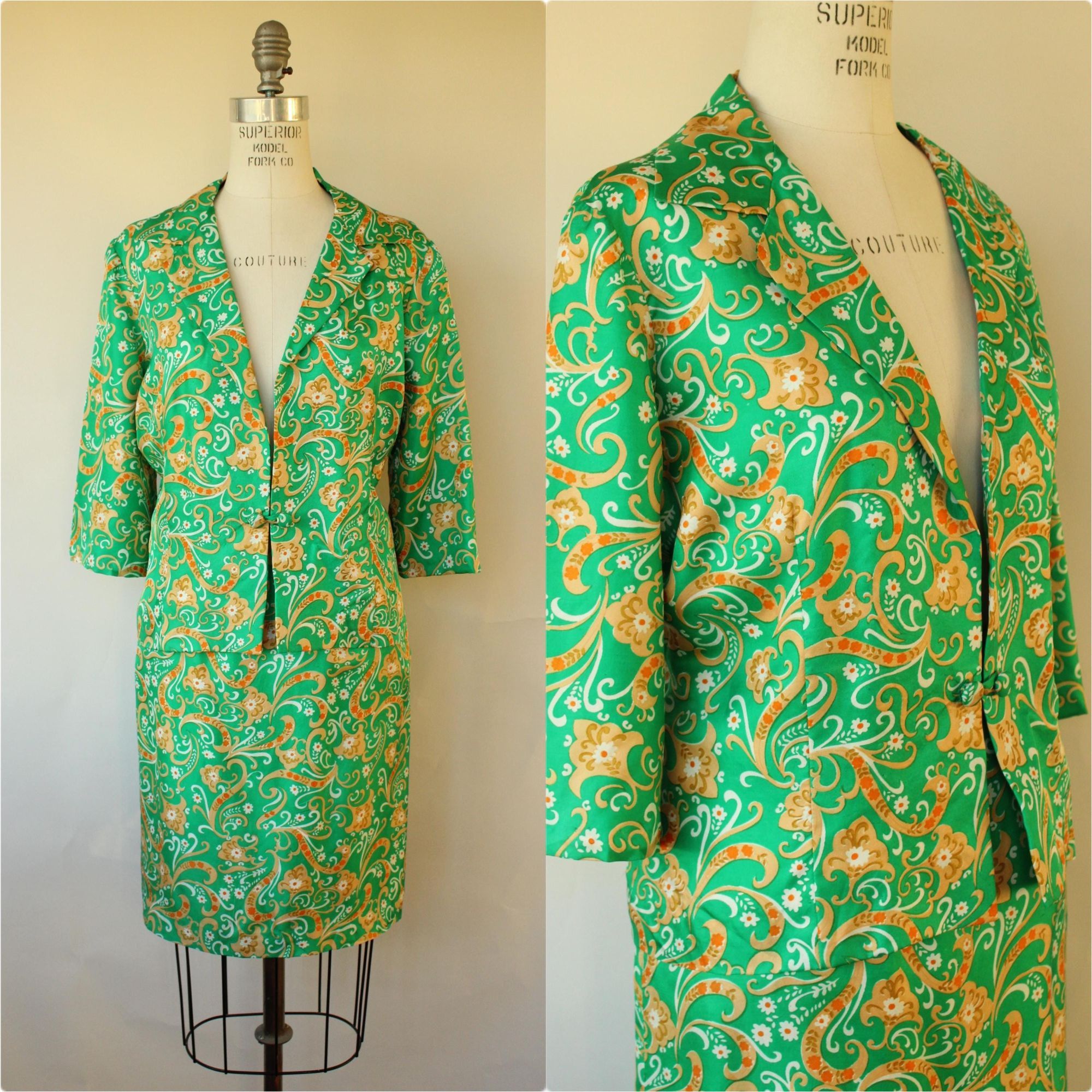 Vintage Vintage 1960s Suit, Green and Gold Silk Jacket and Skirt wit Size M / US 6-8 / IT 42-44 - 1 Thumbnail