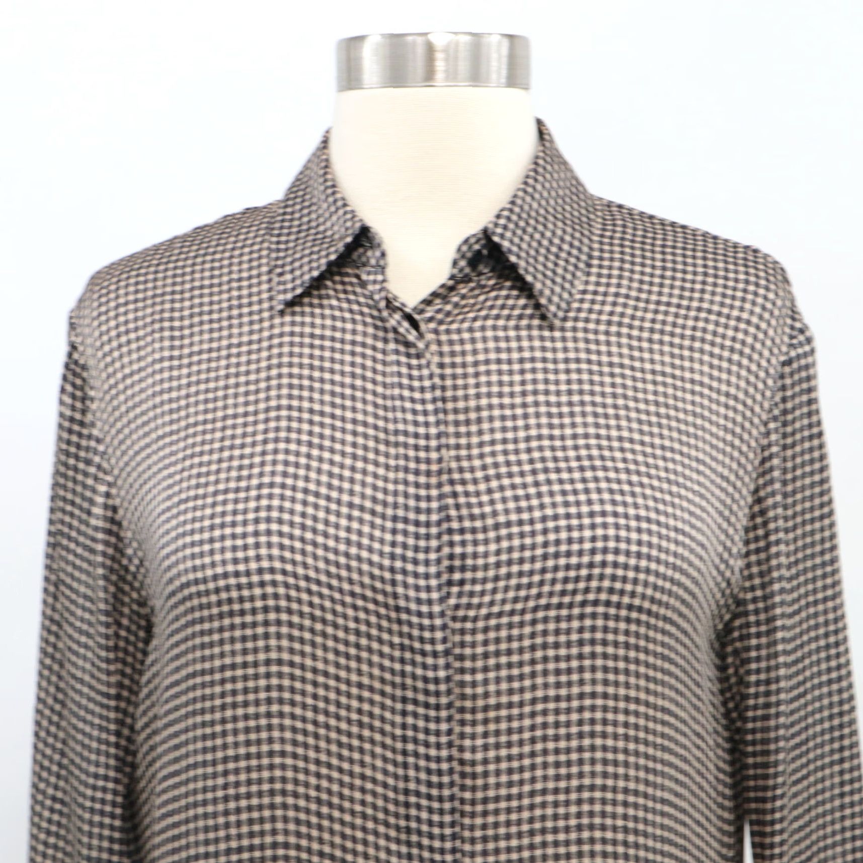 VINTAGE Club Monaco Silk Blouse Shirt Top Womens XS Gingham Black Ivory Beige Hi-Low Formal Office Retirement