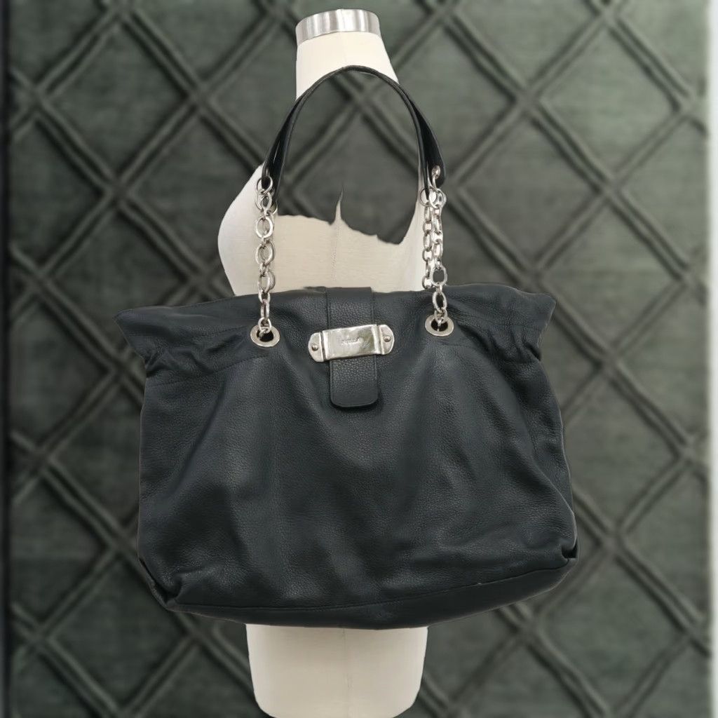 Furla Extra Large Tote Bag Purse Black Pebble Leather Chain Strap